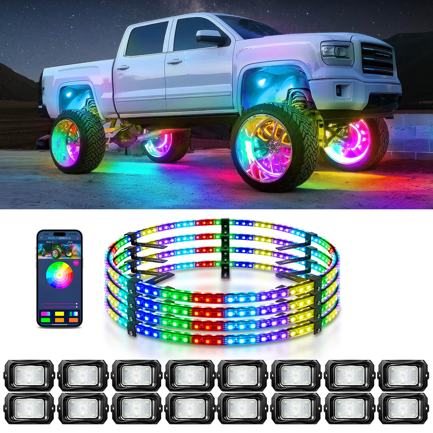 C2 RGB+IC LED Rock Lights Kit Bundle with 15.5″/17″ V1 RGB+IC Wheel Ring Lights Kit