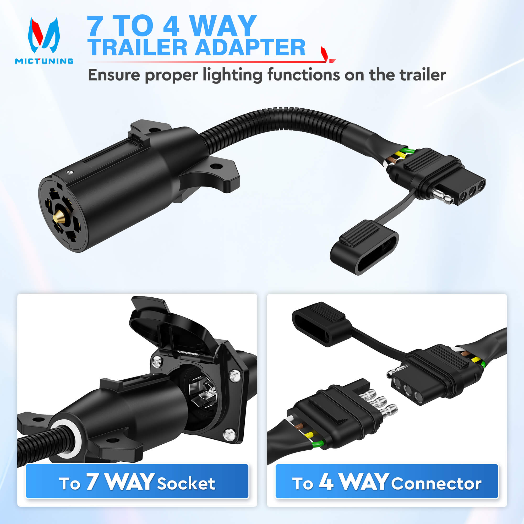 7 Way Blade to 4 Way Flat Trailer Adapter, Single-Function 7 Pin Round to 4 Pin Towing Wiring Connector Trailer Light Socket Converter