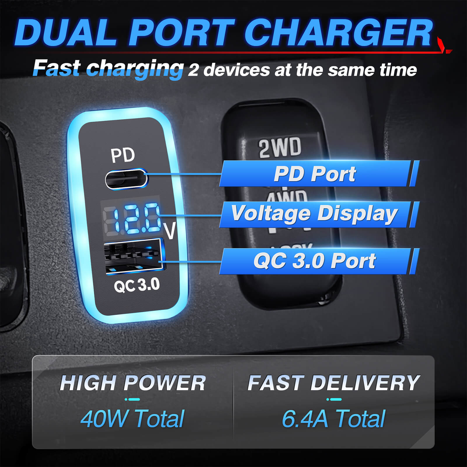 MICTUNING PD+QC3.0 Dual USB Power Socket 3.2A 20W for Toyota, Quick Charge Car Cigarette Lighter Charger with LED Voltage Display