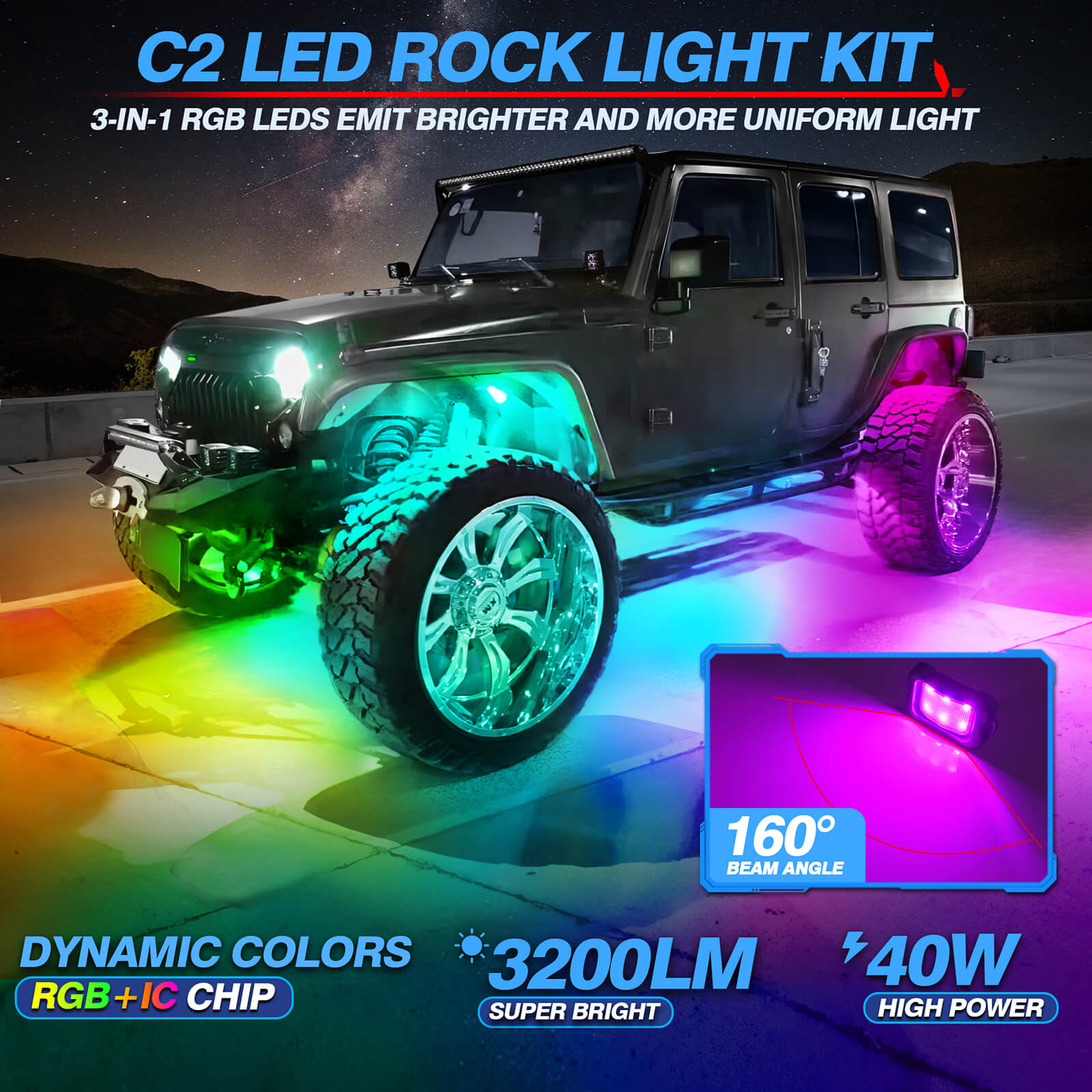 C2 Max RGB+IC Chasing Color Rock Lights Kit, 2-24 Pods, IP68 Waterproof