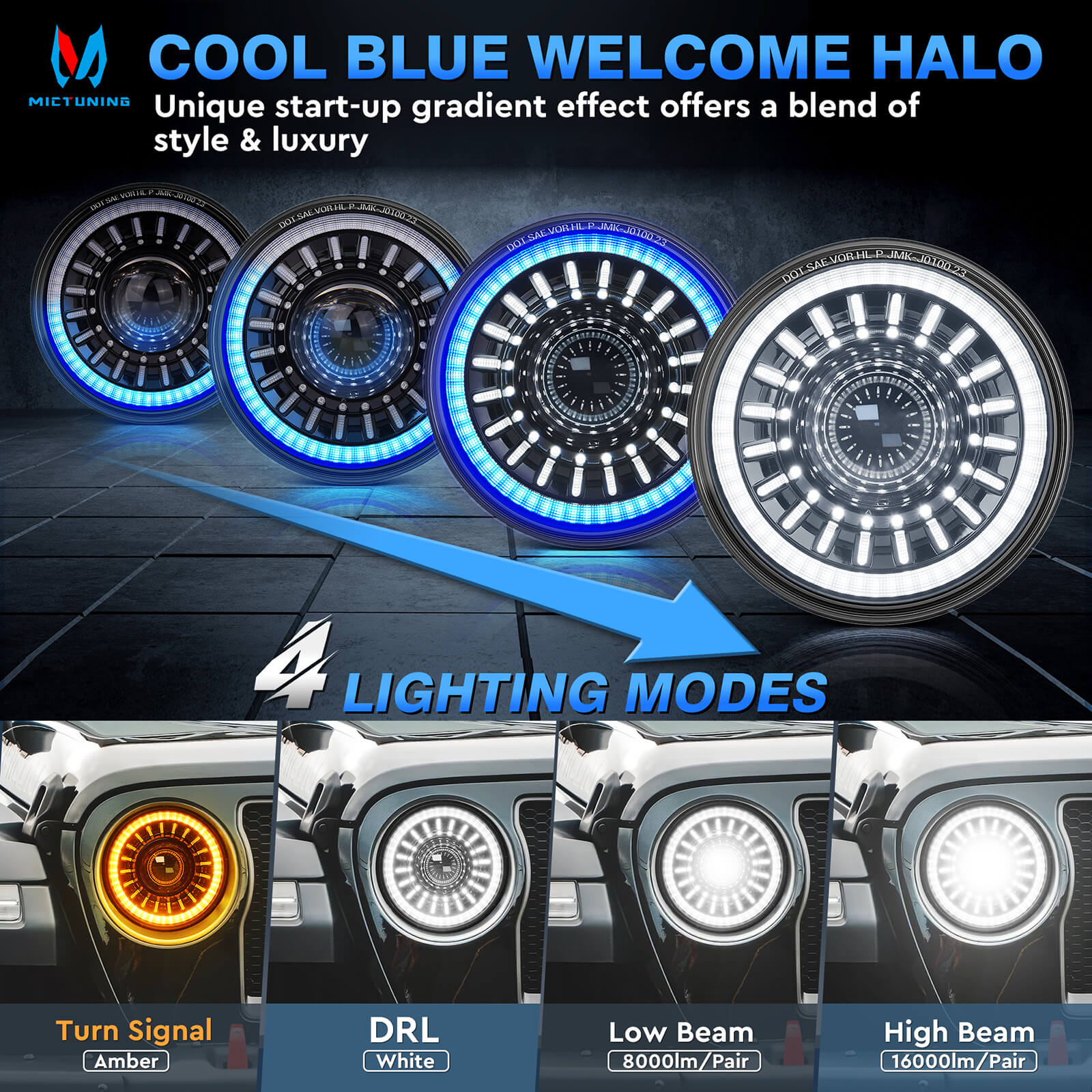 J1 New 7-inch LED Headlights with Blue Welcome Halo, DOT Approved Anti-Glare, Round H6024 Assembly