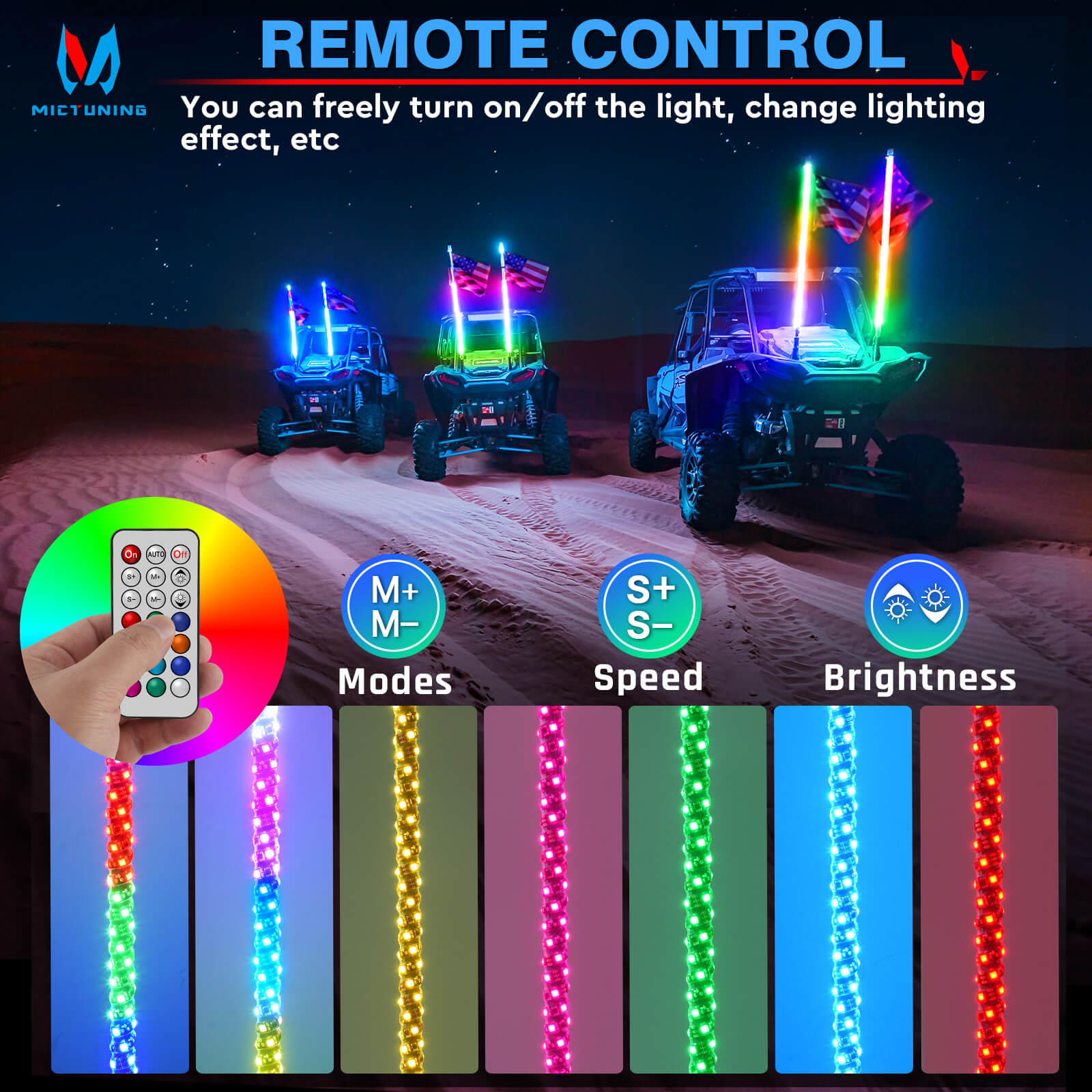 3FT/4FT Remote Control LED Whip Lights with Flag 2pcs - 360° Spiral RGB+IC Dream Flow Chasing Mode Multi-Colors Lighted Whips