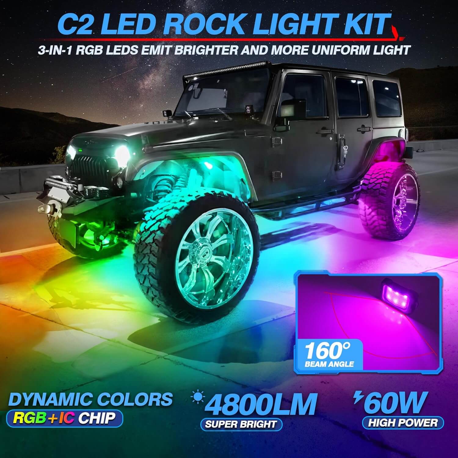 C2 RGB+IC LED Rock Lights Kit with 1pcs 6.56ft Extension Cable