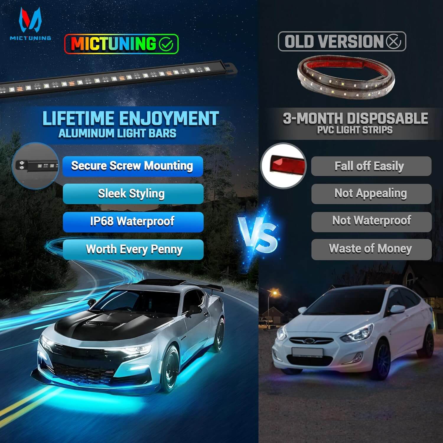 N8 Aluminum LED Car Underglow Light Kit, Exterior Underbody Multicolor Light Strip 8PCS（RGBW/RGB+IC）