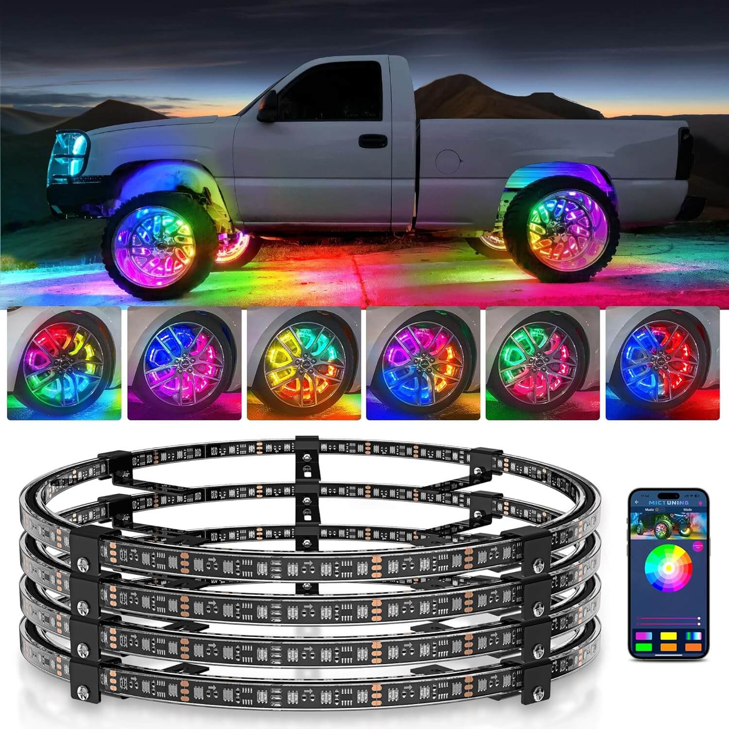 Three-Piece RGB+IC Collection, C2 RGB+IC Rock Lights 8 Pods, 4ft W1 Whip Lights Kit with Chasing Color Wheel Ring Lights