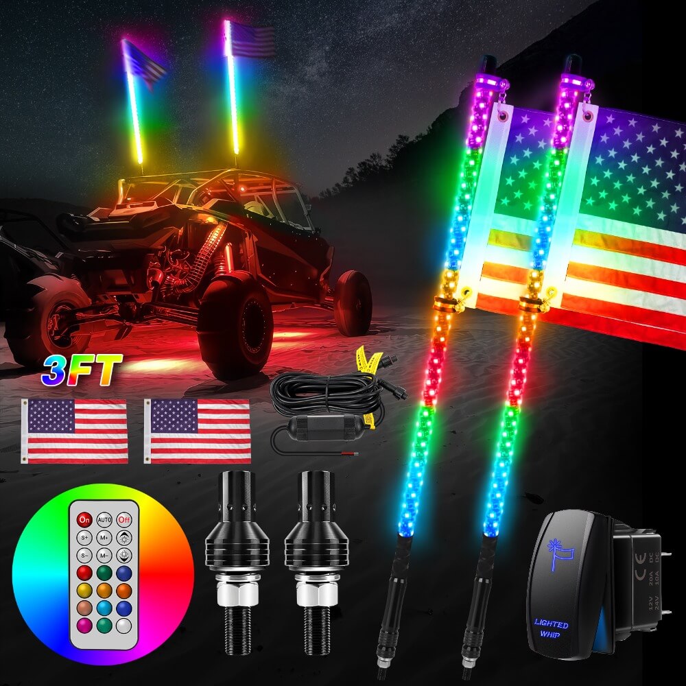 3FT/4FT Remote Control LED Whip Lights with Flag 2pcs - 360° Spiral RGB+IC Dream Flow Chasing Mode Multi-Colors Lighted Whips