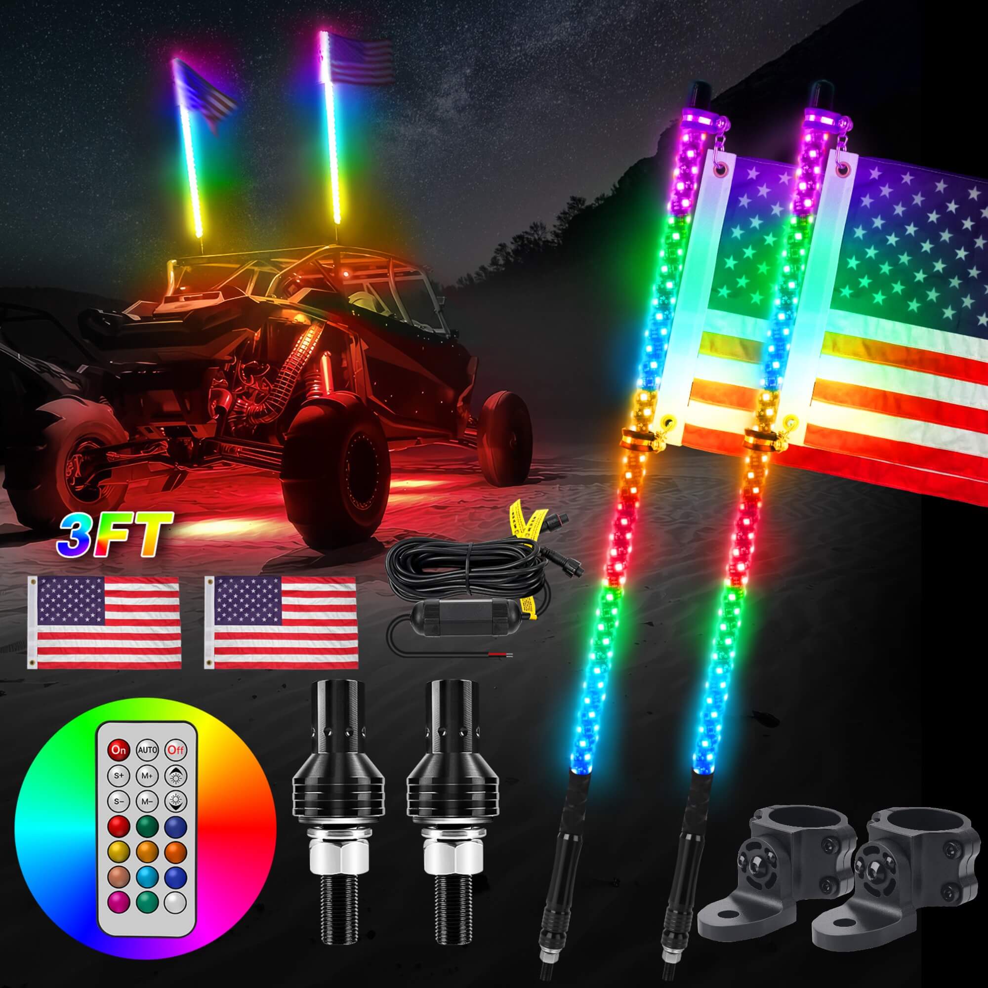 3FT/4FT Remote Control LED Whip Lights with Flag 2pcs - 360° Spiral RGB+IC Dream Flow Chasing Mode Multi-Colors Lighted Whips