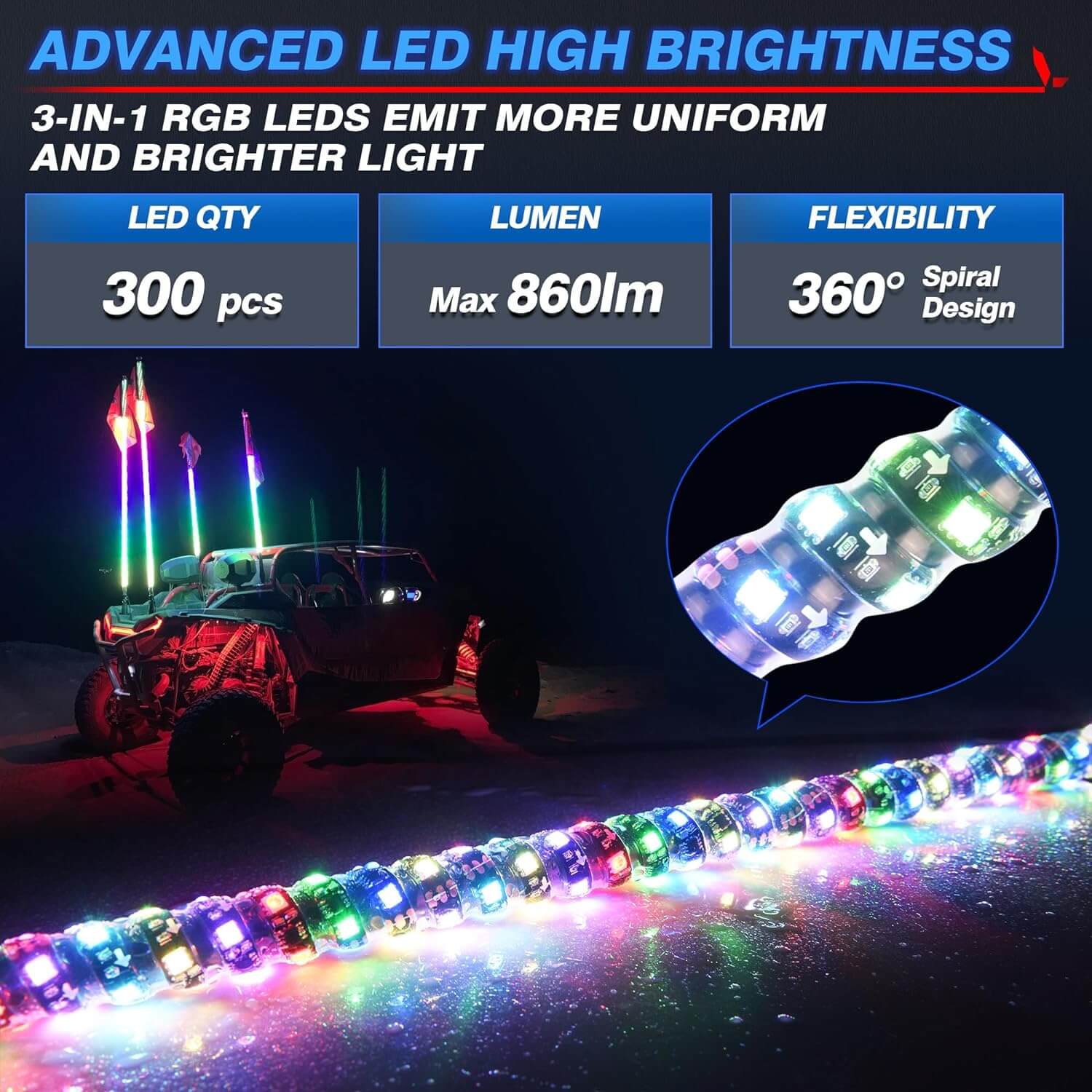 N8 RGB+IC LED Car Underglow Light Kit Bundle with W1 LED Whip Lights Kit