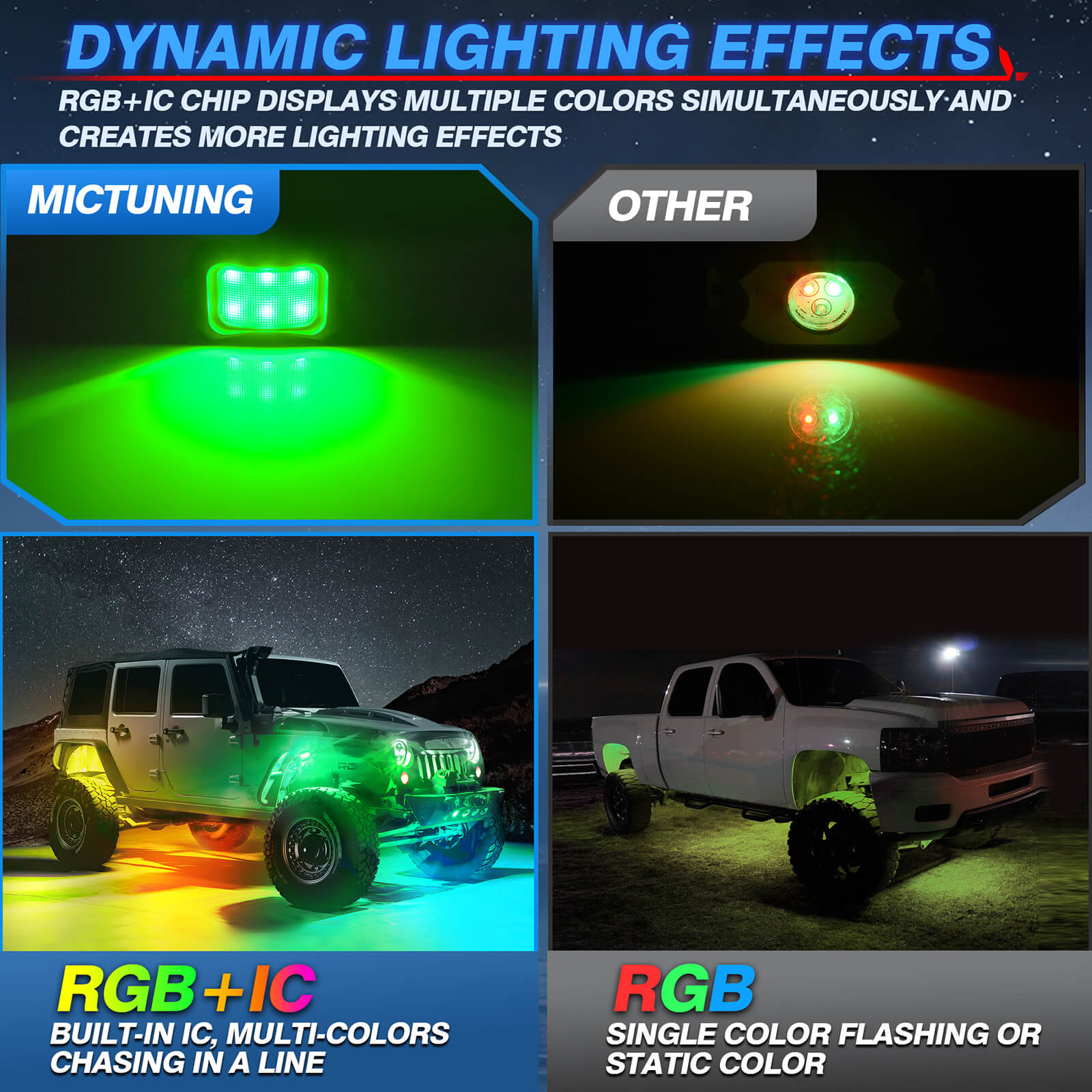 C2 RGB+IC LED Rock Lights Kit Bundle with 15.5″/17″ V1 RGB+IC Wheel Ring Lights Kit