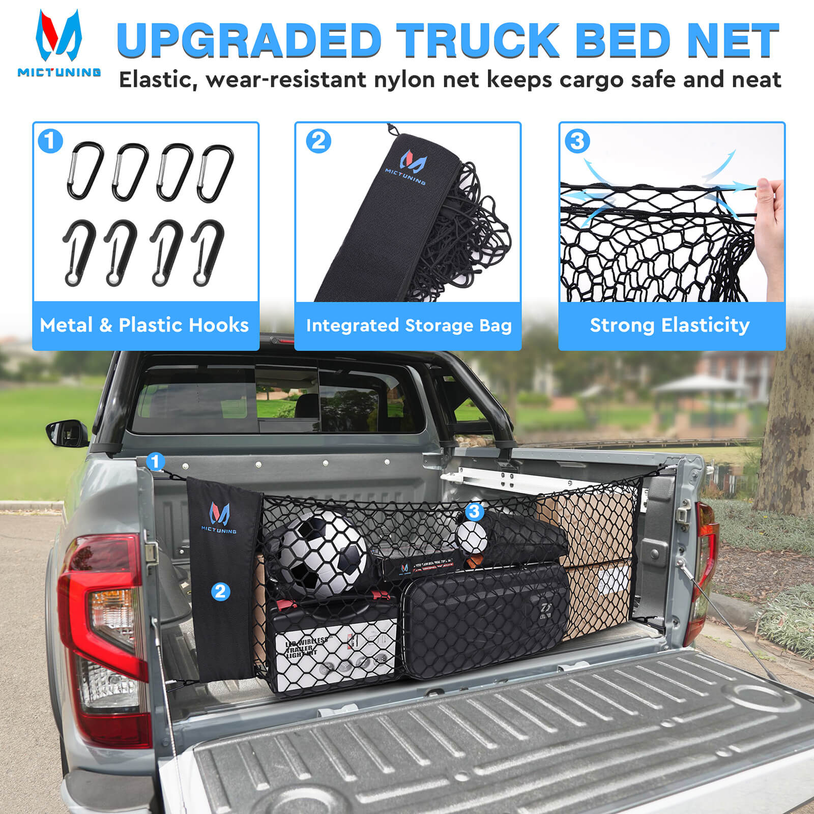 Truck Bed Net Pickup Cargo Net Rear Car Trunk, with Storage Bag & 8 Carabiners Hooks, For Chevy Silverdo Ford F150 GMC(16.9" X 49" to 62")