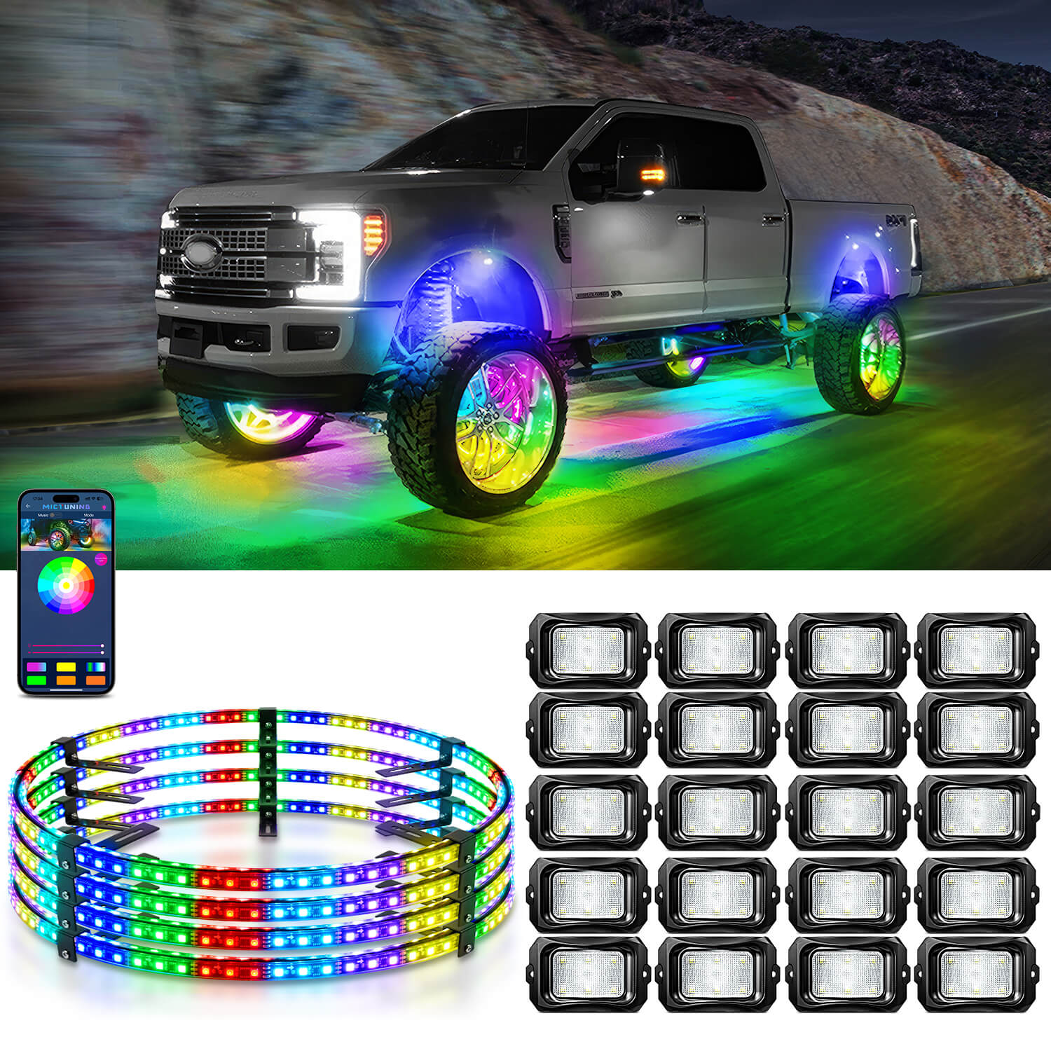 C2 RGB+IC LED Rock Lights Kit Bundle with 15.5″/17″ V1 RGB+IC Wheel Ring Lights Kit