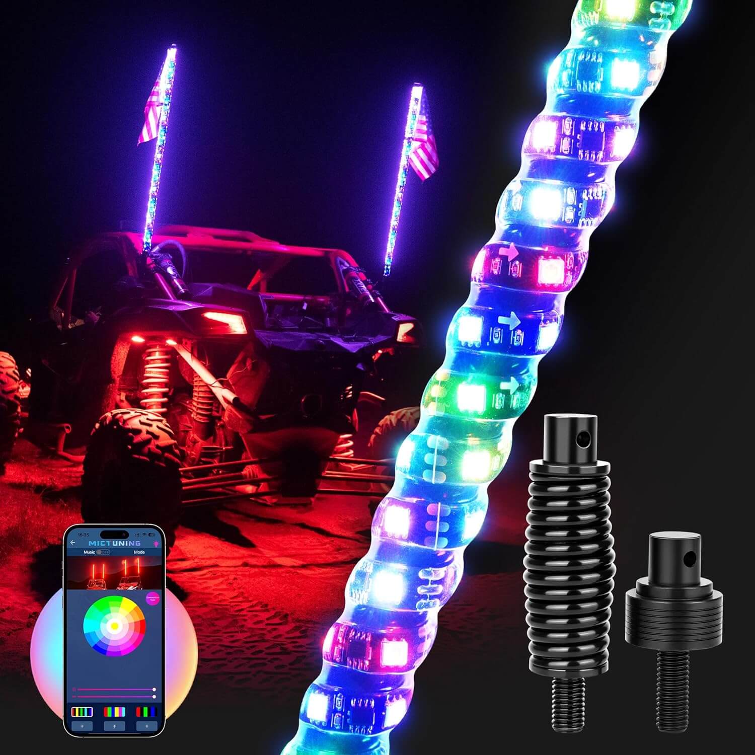 Three-Piece RGB+IC Collection, C2 RGB+IC Rock Lights 8 Pods, 4ft W1 Whip Lights Kit with Chasing Color Wheel Ring Lights