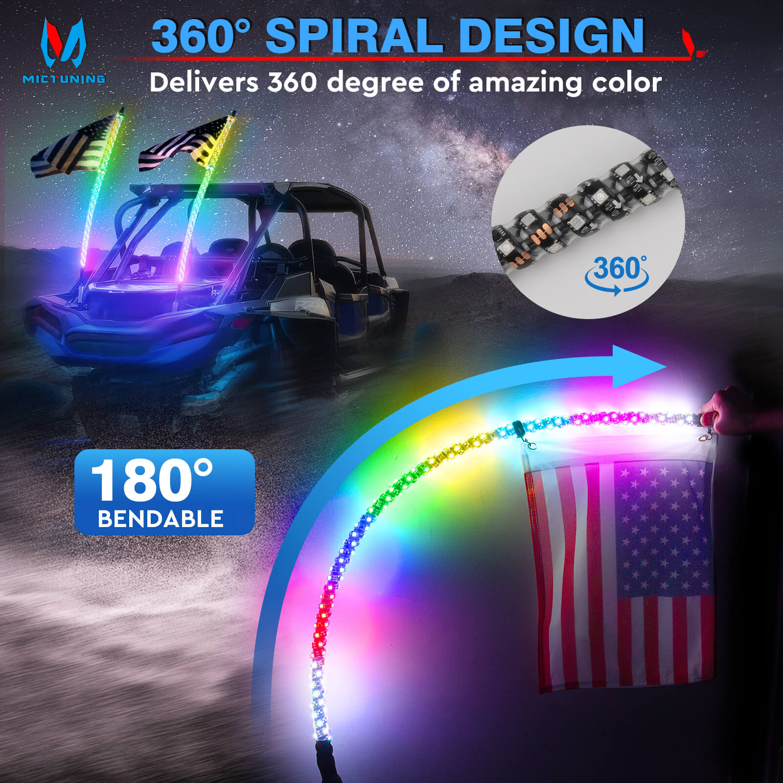 3FT/4FT Remote Control LED Whip Lights with Flag 2pcs - 360° Spiral RGB+IC Dream Flow Chasing Mode Multi-Colors Lighted Whips