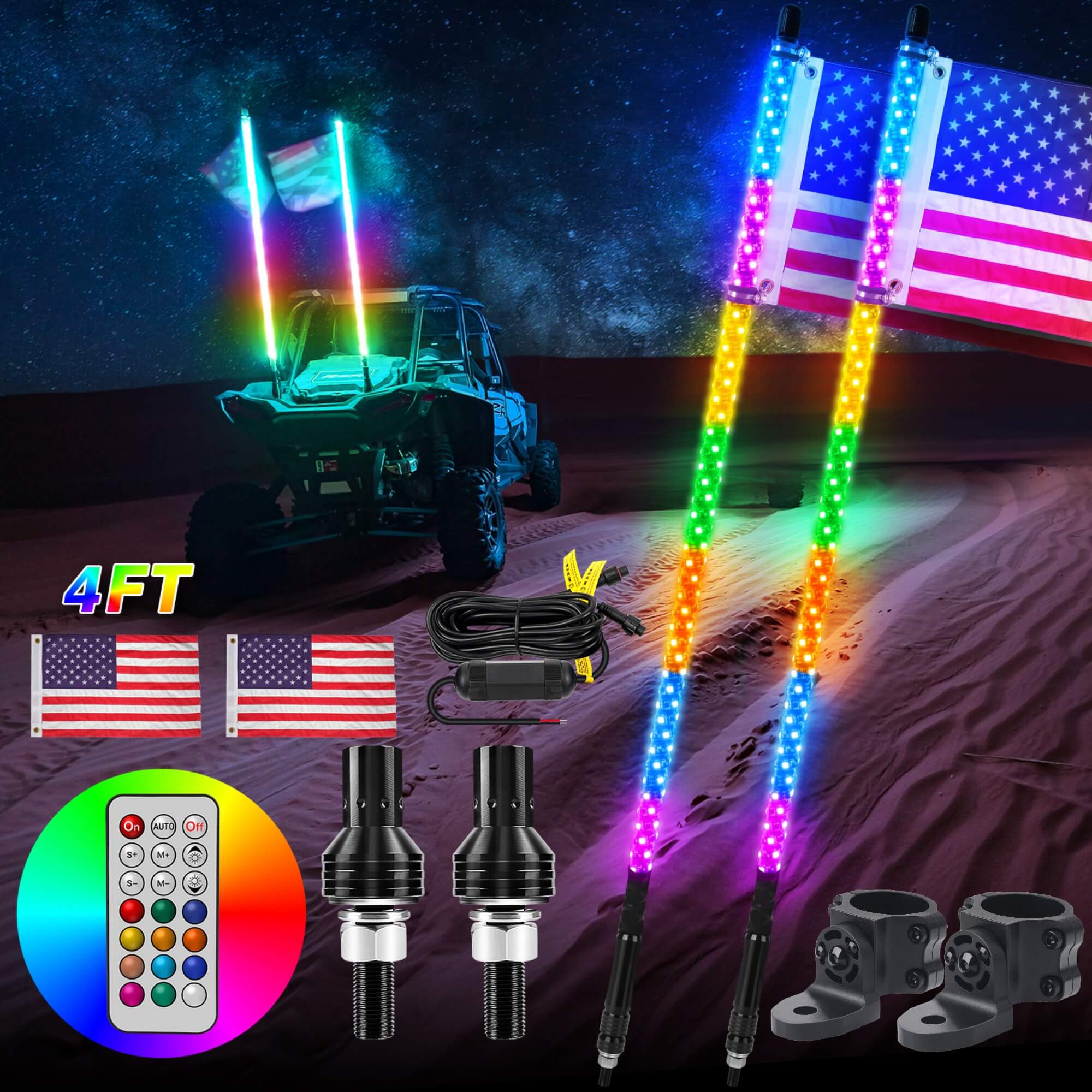 3FT/4FT Remote Control LED Whip Lights with Flag 2pcs - 360° Spiral RGB+IC Dream Flow Chasing Mode Multi-Colors Lighted Whips