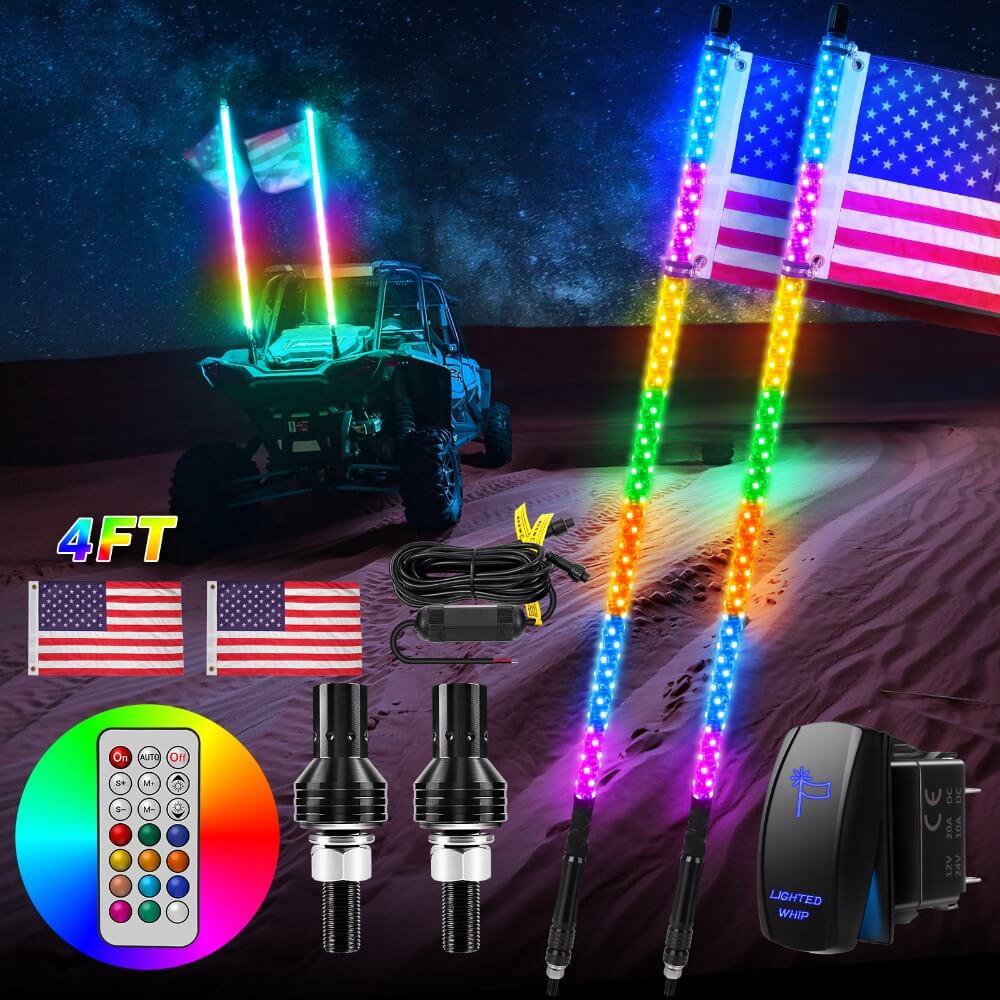 3FT/4FT Remote Control LED Whip Lights with Flag 2pcs - 360° Spiral RGB+IC Dream Flow Chasing Mode Multi-Colors Lighted Whips