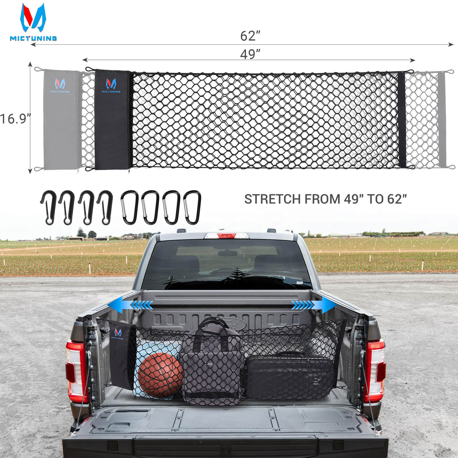 Truck Bed Net Pickup Cargo Net Rear Car Trunk, with Storage Bag & 8 Carabiners Hooks, For Chevy Silverdo Ford F150 GMC(16.9" X 49" to 62")