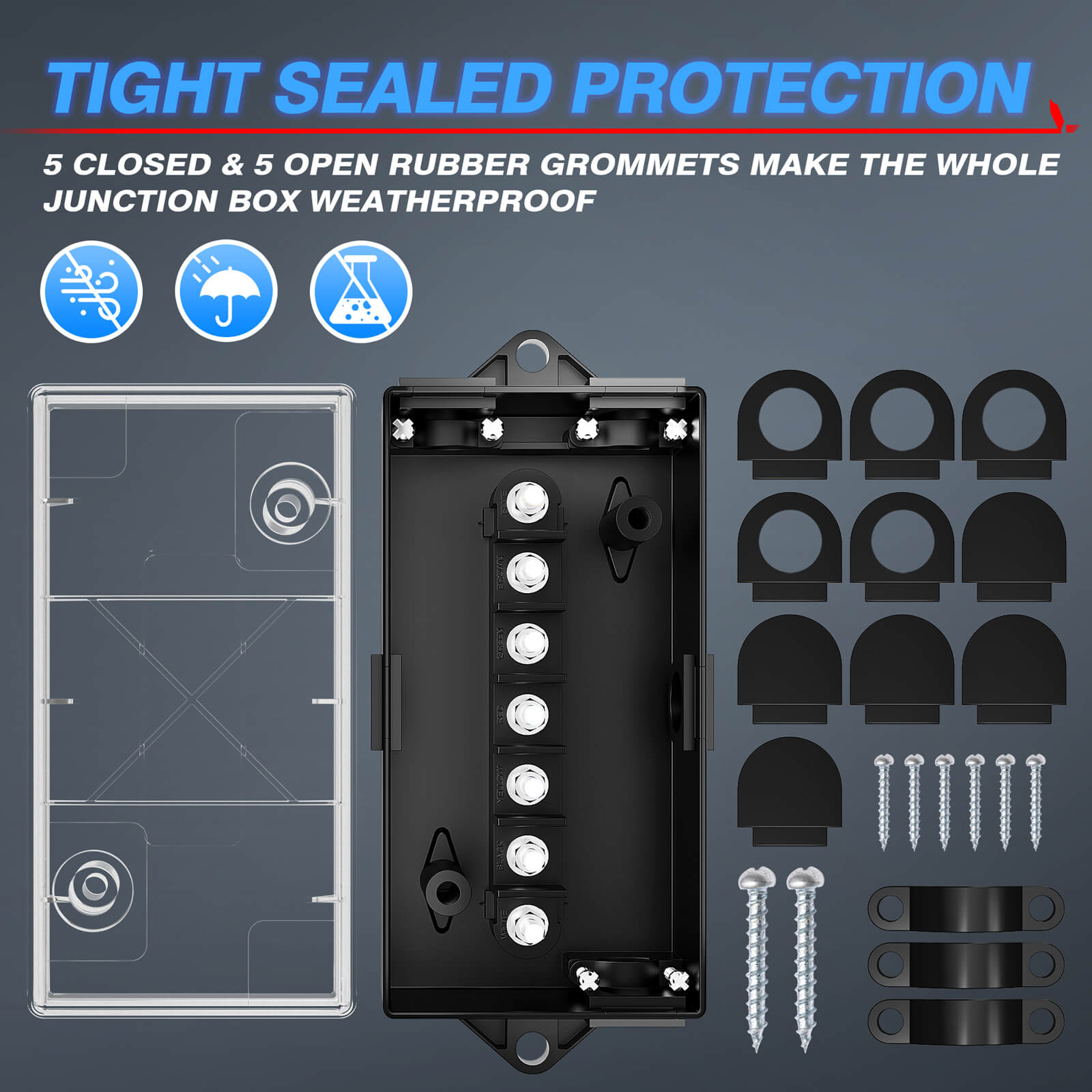 7 Way Electrical Trailer Junction Box with See-Through Lid, 7 Gang Wire Connection Box Waterproof