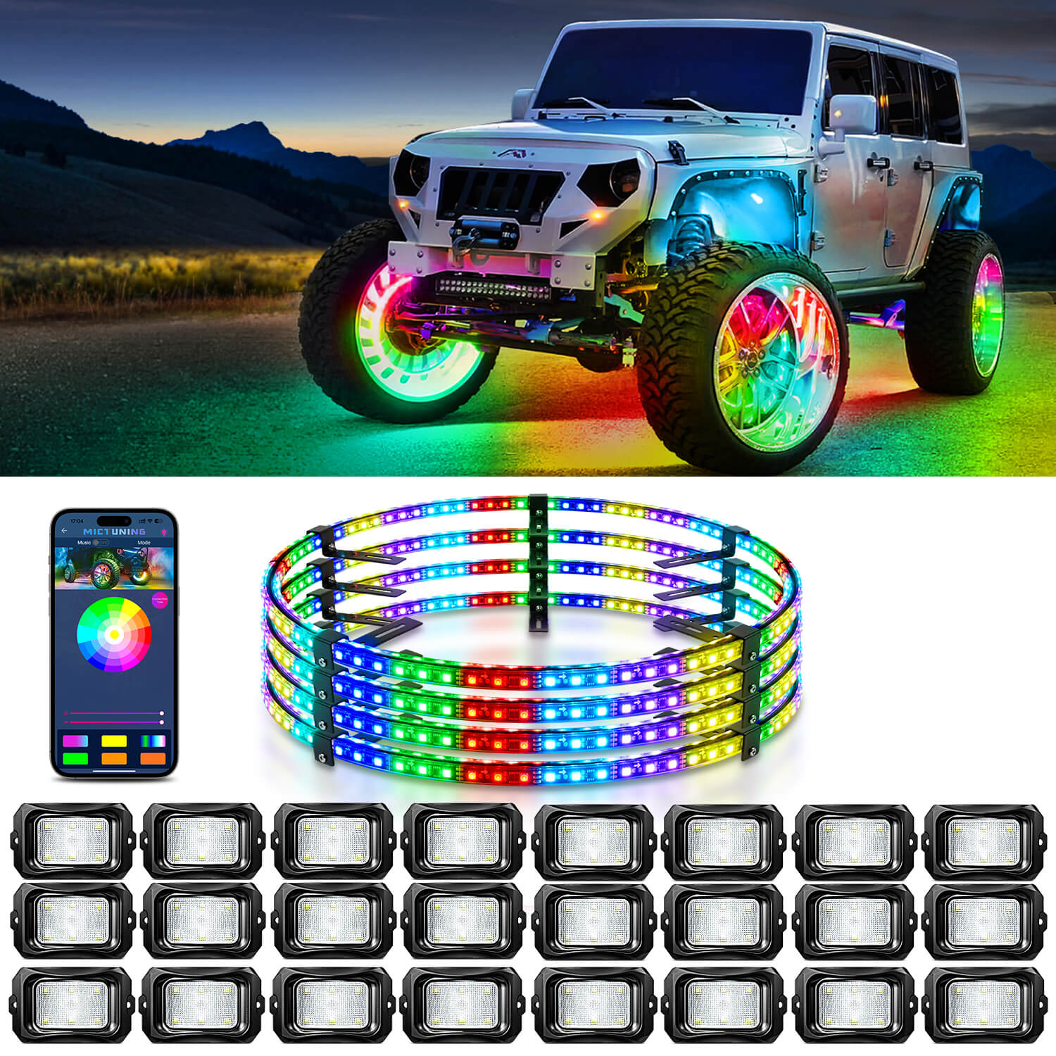 C2 RGB+IC LED Rock Lights Kit Bundle with 15.5″/17″ V1 RGB+IC Wheel Ring Lights Kit