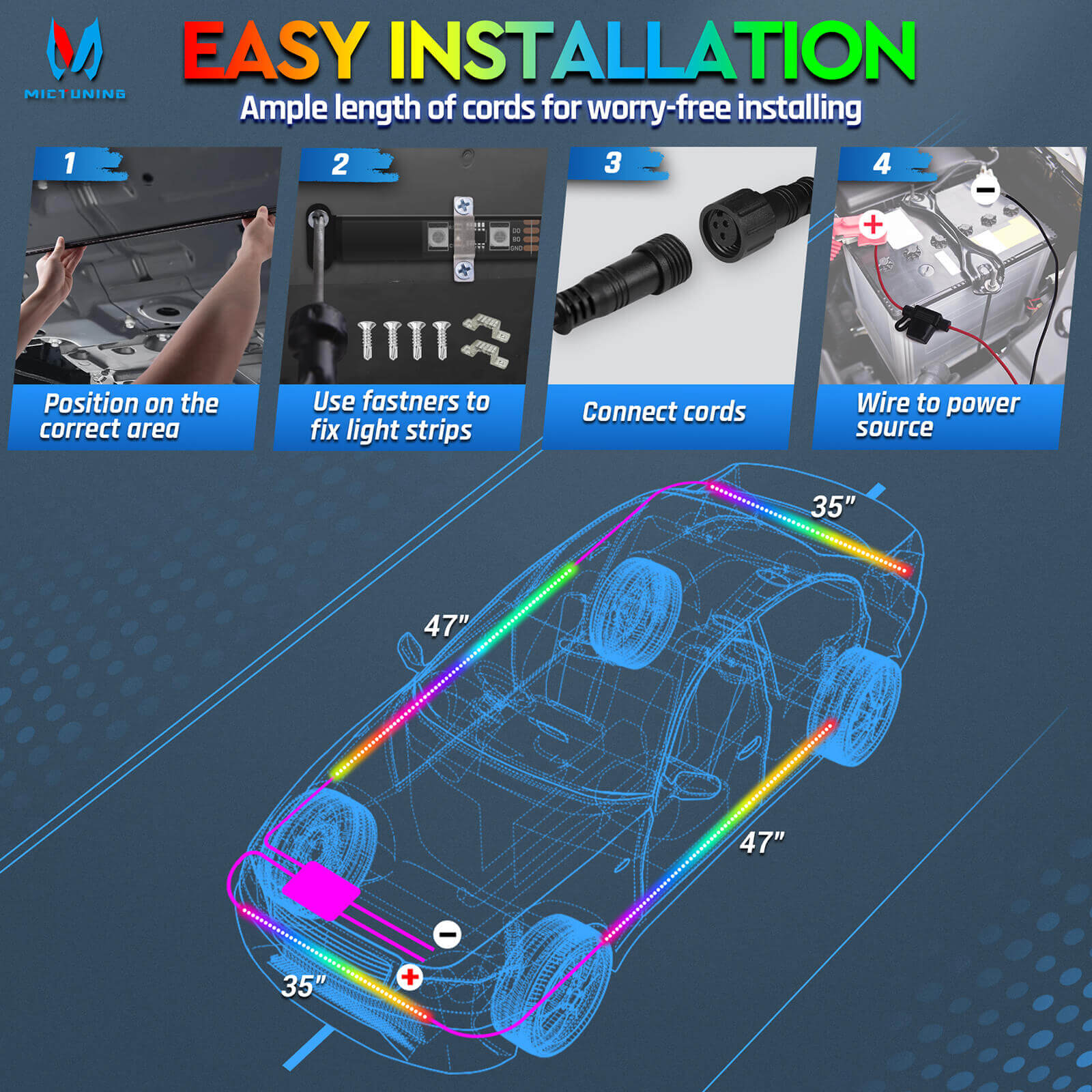 N3 Car Underglow Light Strip Kit, Chasing Dream Color RGB+IC LED, Wireless App Control, Set of 4 (2.9ft and 3.9ft)