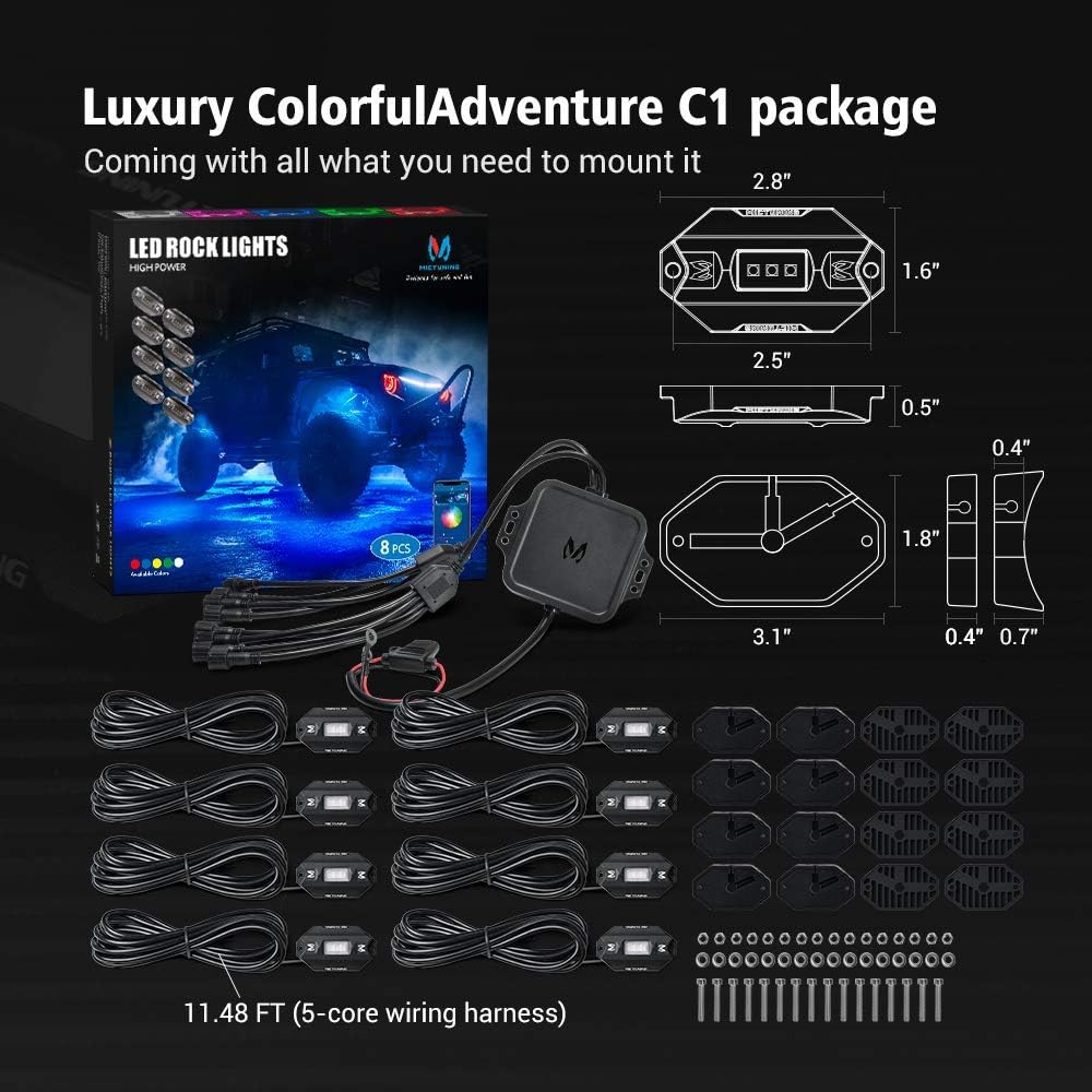 C1 8 Pods RGBW LED Rock Lights Bundle with N1 Interior Car Lights 12V 24V Car LED Strip Light 4pcs RGB Ambient Lighting Kit