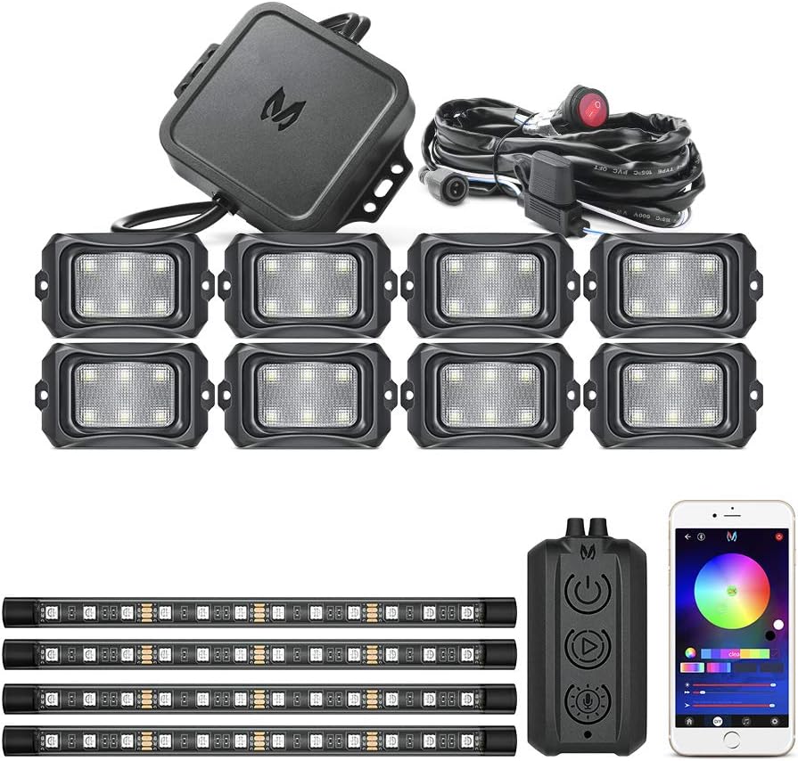 C2 8 Pods Curved RGBW LED Rock Lights Bundle with N1 Interior Car Lights 12V 24V Car LED Strip Light 4pcs RGB Ambient Lighting Kit