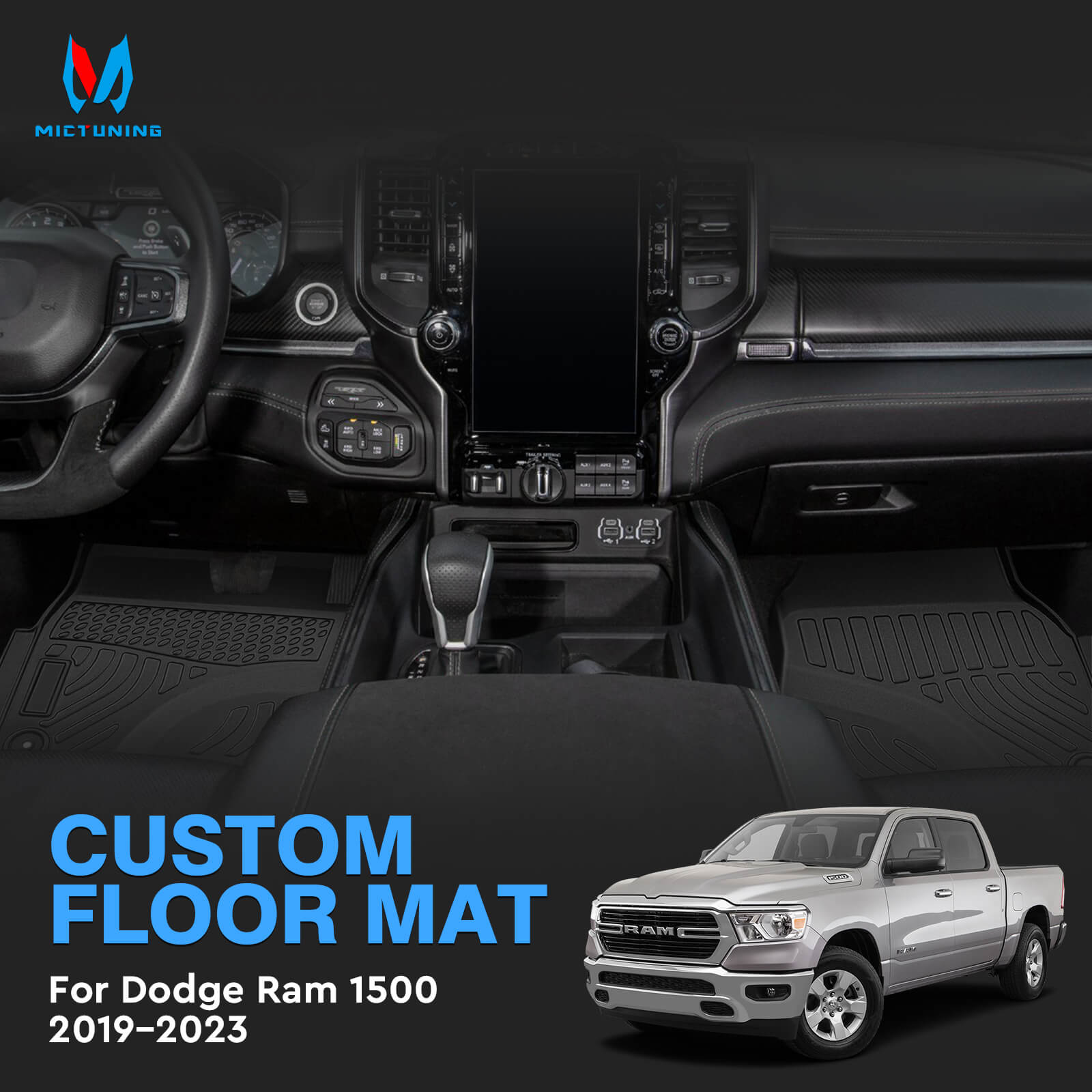 For Dodge Ram 1500 New Body Crew Cab 2019-2023 Floor Mats, 1st & 2nd Row Liner Set, Custom Fit TPE All Weather Car Liners