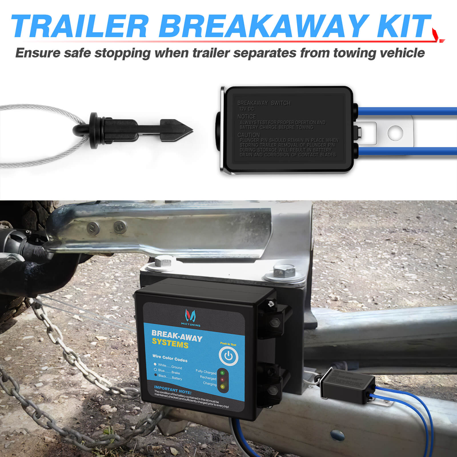 Trailer Brakes Breakaway Kit with Charger, LED Indicator, Switch, 12V 5AH Built-in Battery for Towing Trailer Caravan