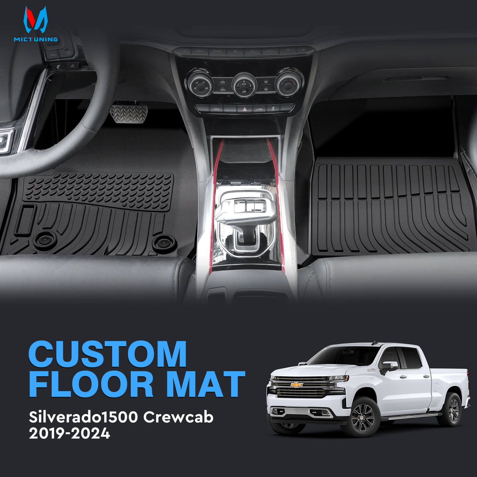 For Chevrolet Chevy Silverado 1500 2019-2024 Floor Mats, 1st & 2nd Row Liner Set, Custom Fit TPE All Weather Car Liners