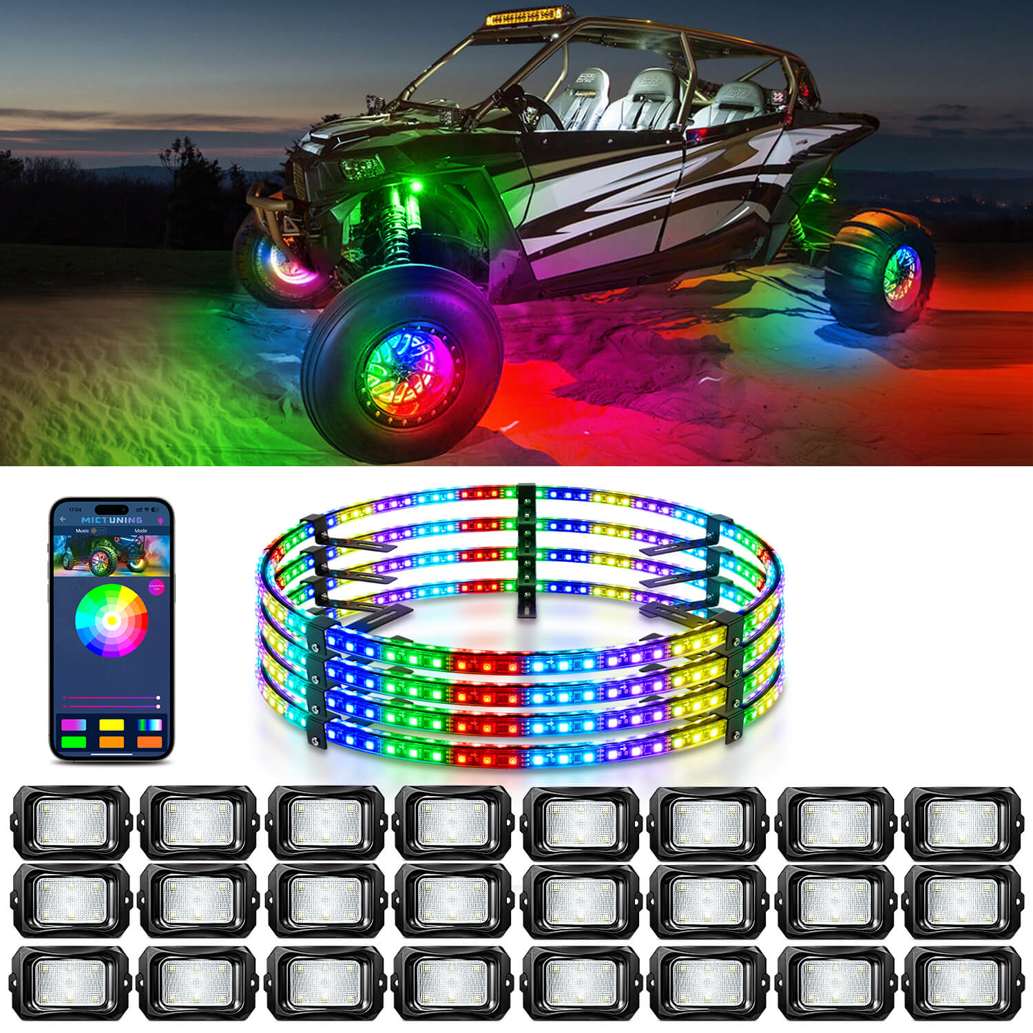 C2 RGB+IC LED Rock Lights Kit Bundle with 15.5″/17″ V1 RGB+IC Wheel Ring Lights Kit