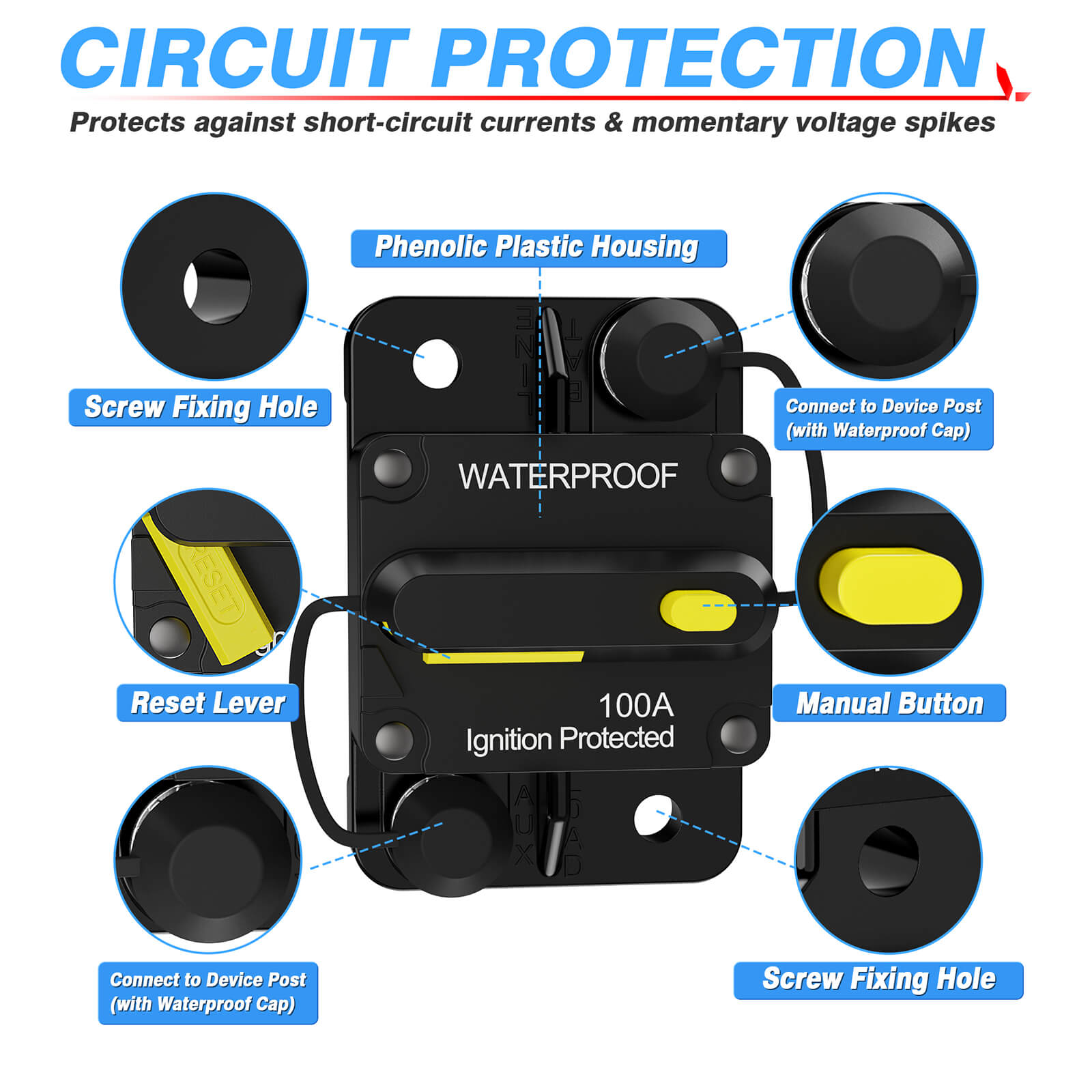 60/80/100/200 Amp Circuit Breaker with Manual Reset Switch, Waterproof Protective Cover