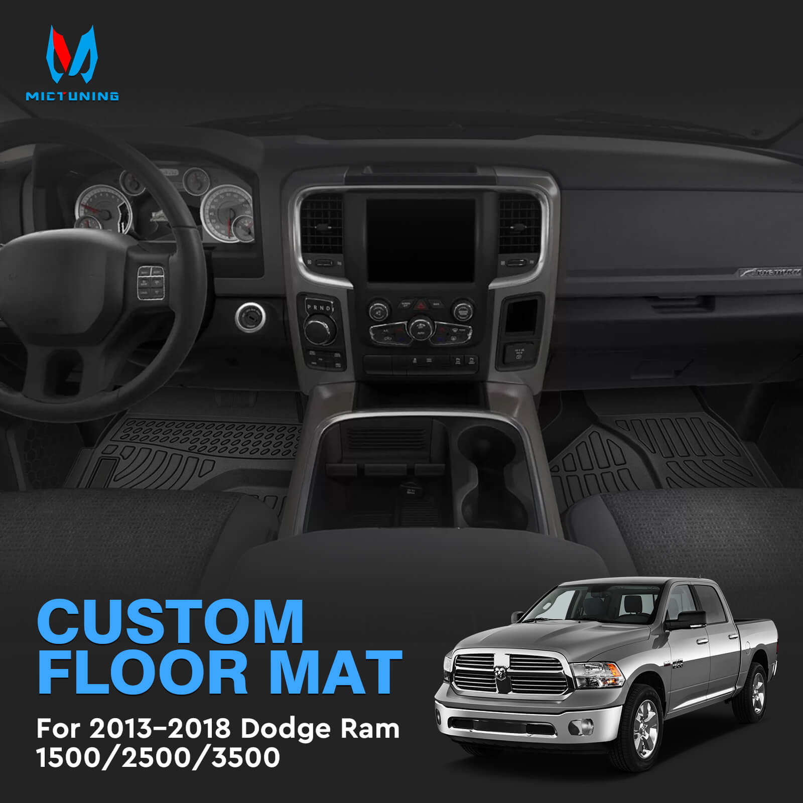 For Dodge Ram 1500/2500/3500 Crew Cab 2013-2018 Floor Mats, 1st & 2nd Row Liner Set, Custom Fit TPE All Weather Car Liners