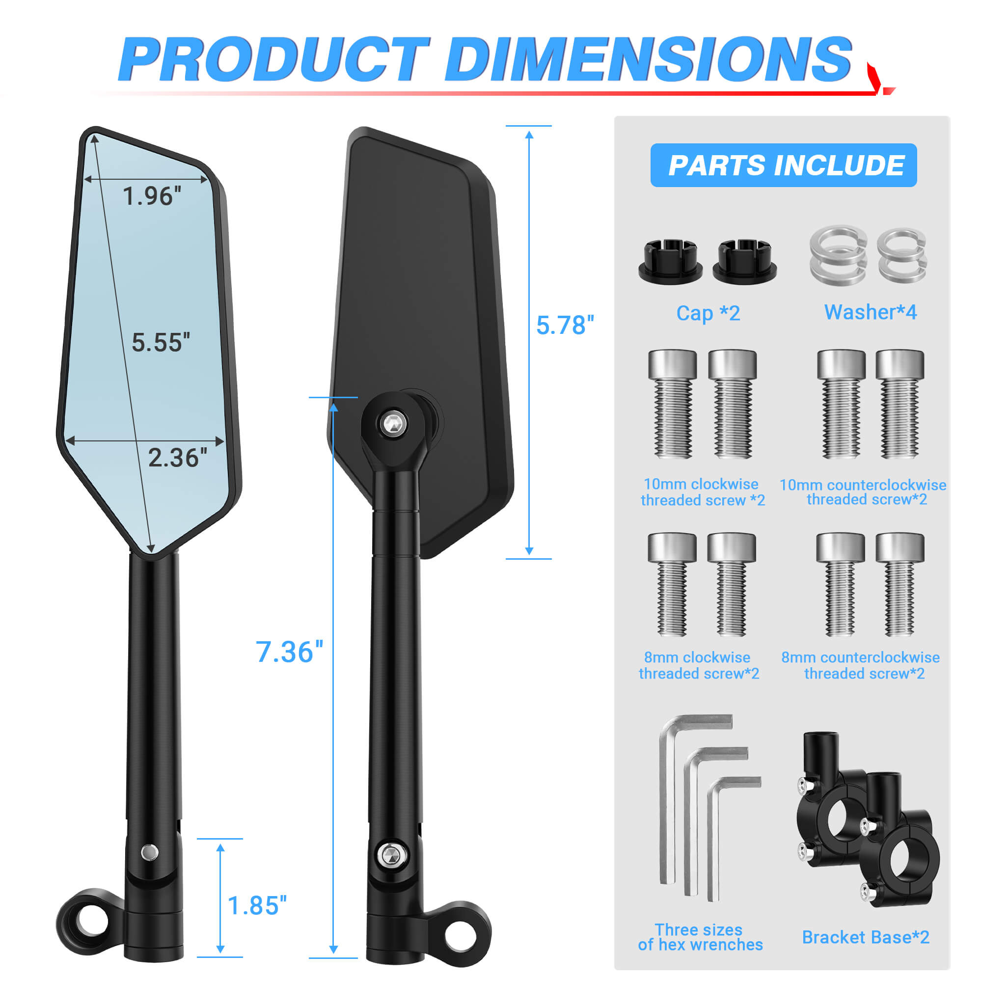 Pentagonal Bike Rearview Mirrors Anti-glare Convex Blue Lens, Aluminum Alloy, 360° Rotatable with M8 M10 Socket or 22mm Diameter Handlebar