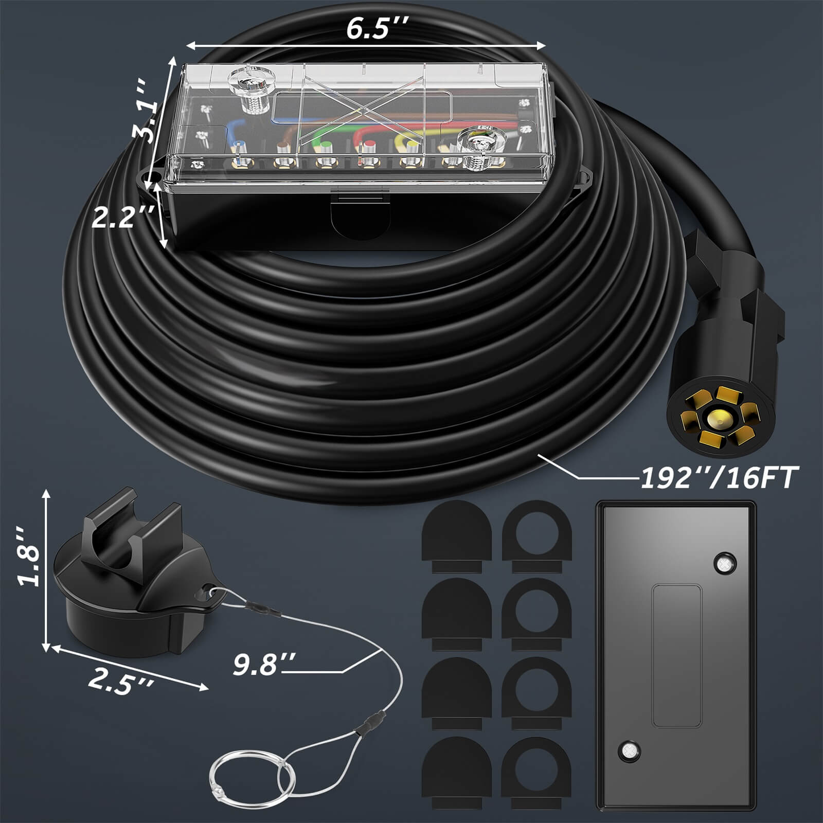 12/16FT Heavy Duty 7 Way Trailer Cord Plug Connector with Transparent Cover 7 Gang Junction Box, Weatherproof