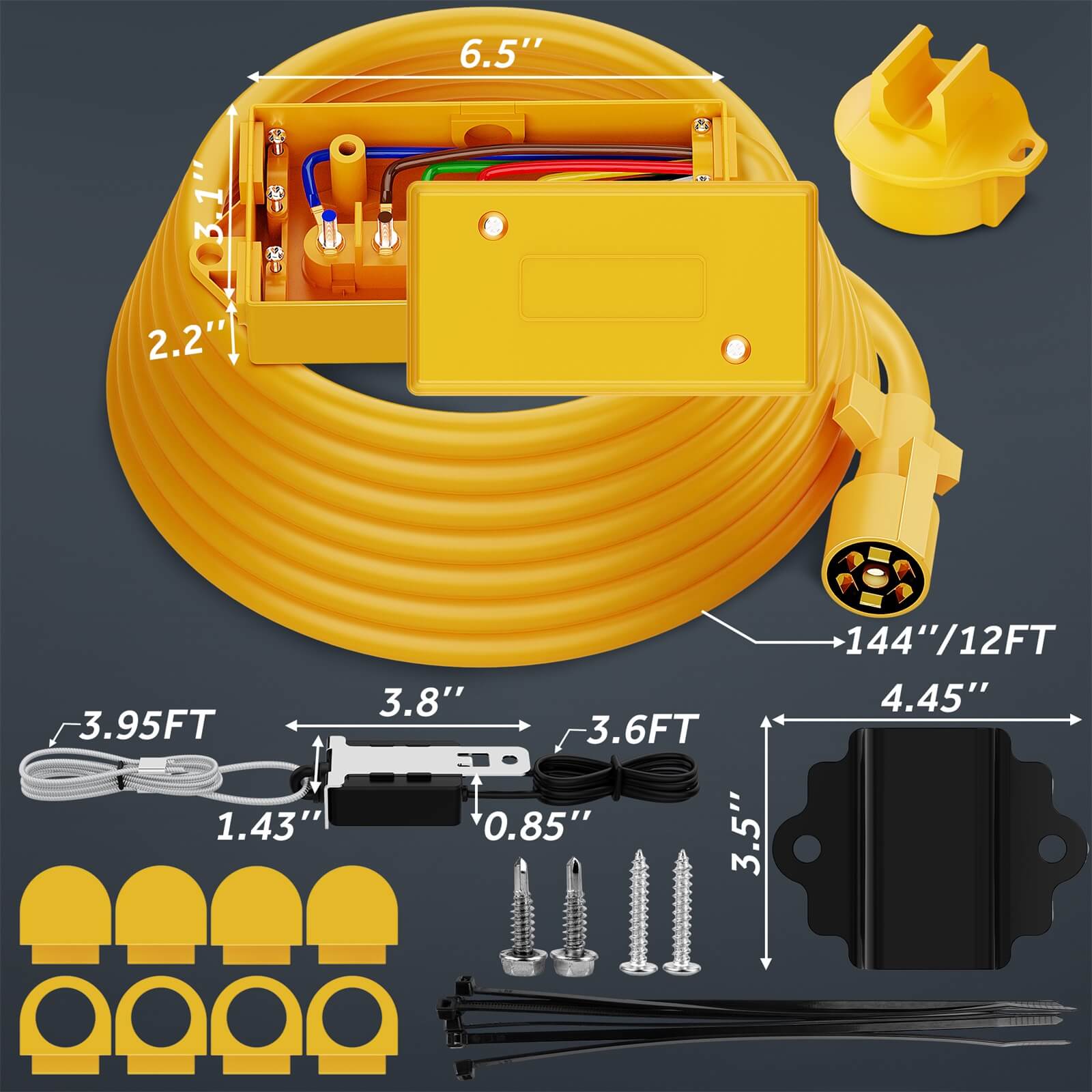 8/12 FT Heavy Duty 7 Way Trailer Cord Plug Connector with Yellow Cover 7 Gang Junction Box, Weatherproof