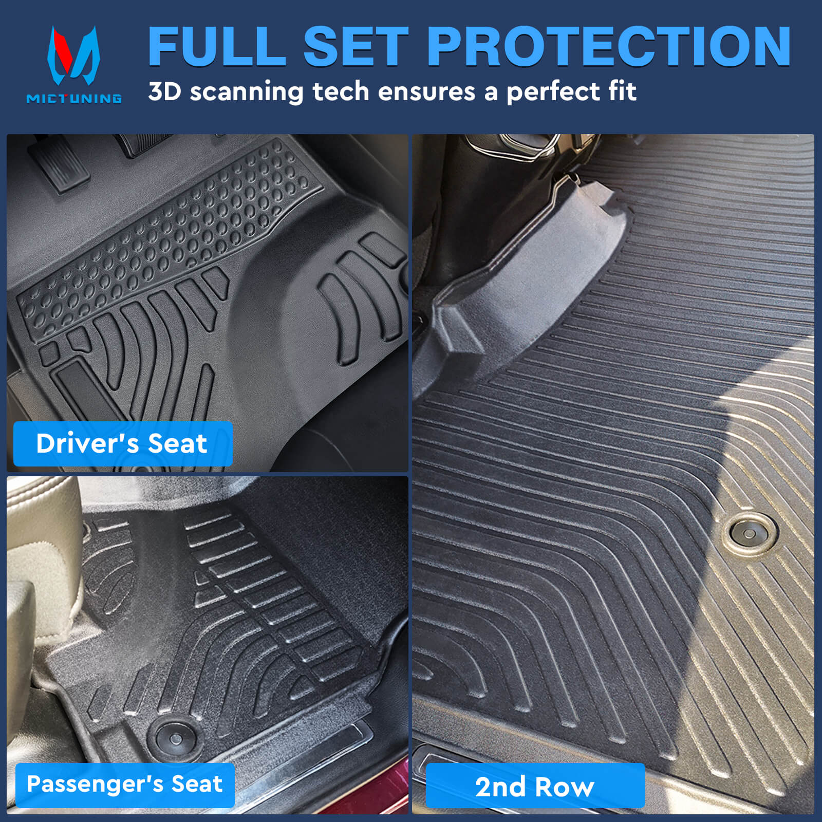 For Dodge Ram 1500 New Body Crew Cab 2019-2023 Floor Mats, 1st & 2nd Row Liner Set, Custom Fit TPE All Weather Car Liners