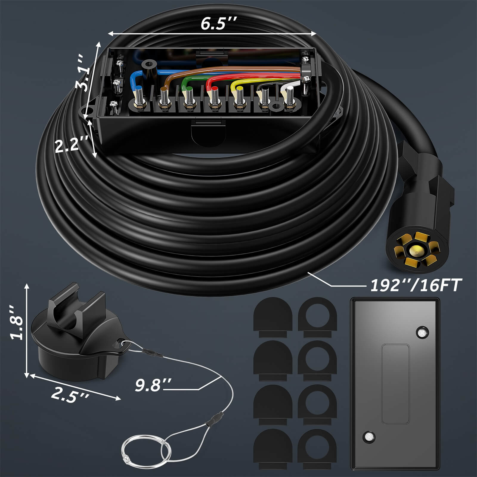 16 FT Heavy Duty 7 Way Plug Inline Trailer Cord with 7 Gang Junction Box, Weatherproof