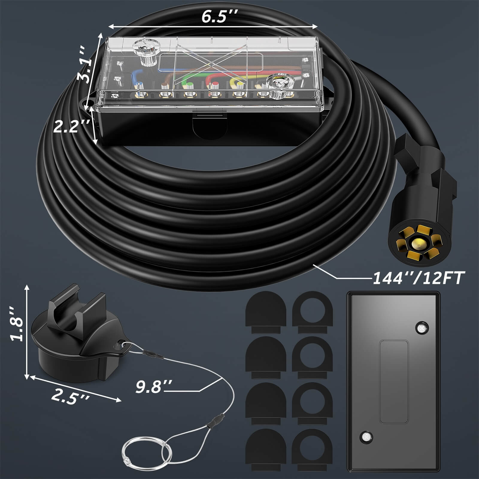 12/16FT Heavy Duty 7 Way Trailer Cord Plug Connector with Transparent Cover 7 Gang Junction Box, Weatherproof