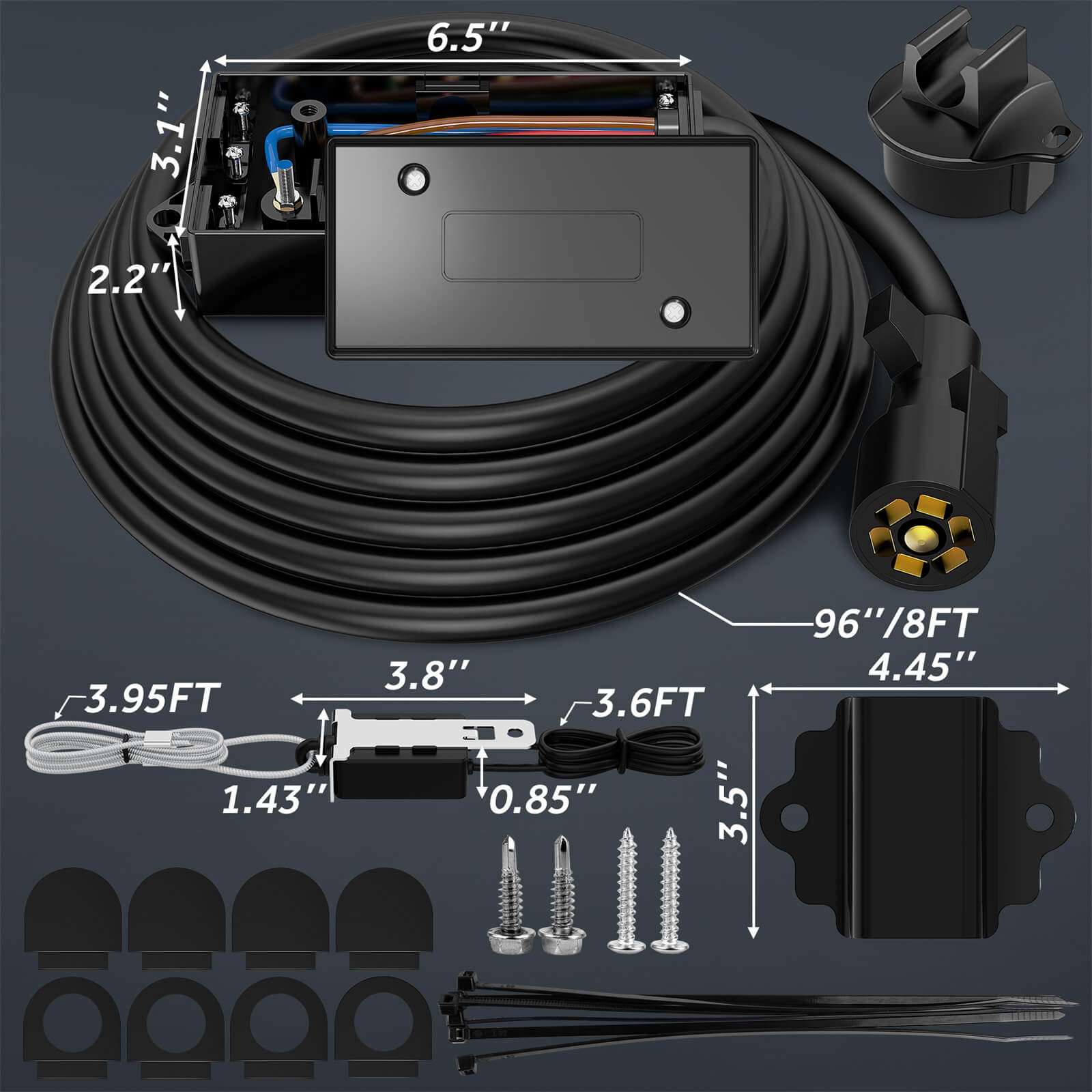 8 FT Black Heavy Duty 7 Way Plug Inline Trailer Cord with 7 Gang Junction Box,12V Breakaway Switch and Plug Holder