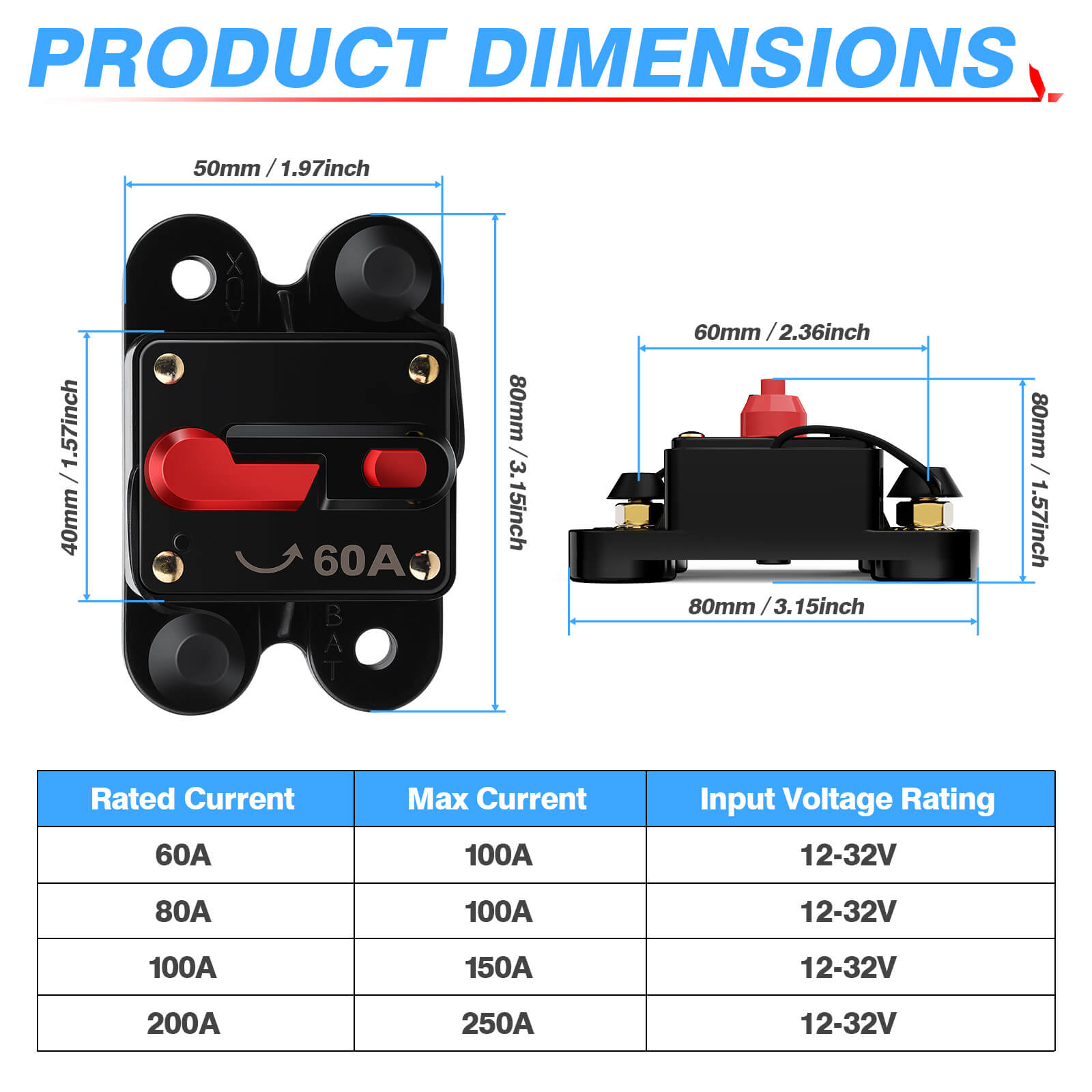 60/80/100/200 Amp Circuit Breaker with Manual Reset Switch, Waterproof Protective Cover