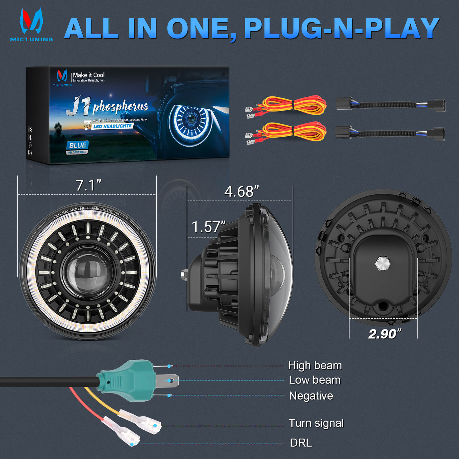 J1 7″ LED Headlights with Blue Welcome Halo Bundle with P1s-X RGB 5" Switch Panel