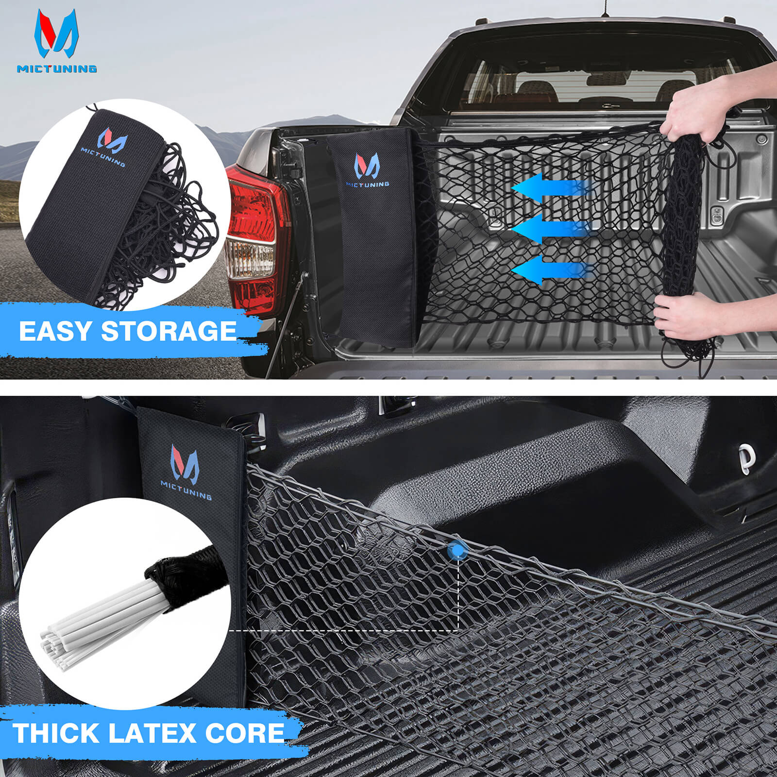 Truck Bed Net Pickup Cargo Net Rear Car Trunk, with Storage Bag & 8 Carabiners Hooks, For Chevy Silverdo Ford F150 GMC(16.9" X 49" to 62")