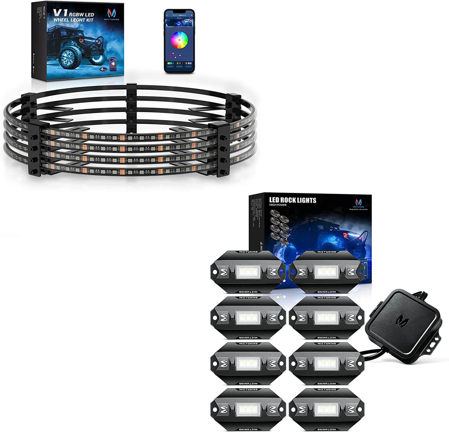 C1 8 Pods RGBW LED Rock Lights with 15.5" RGBW LED Wheel Ring Lights Kit