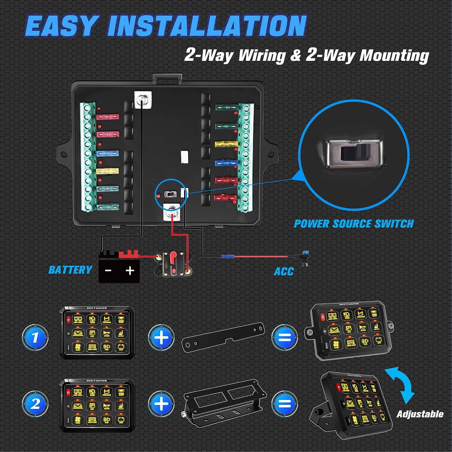 P1s RGB 12 Gang Switch Panel with 6.56FT 3Pin Extension Wire Cable Cord