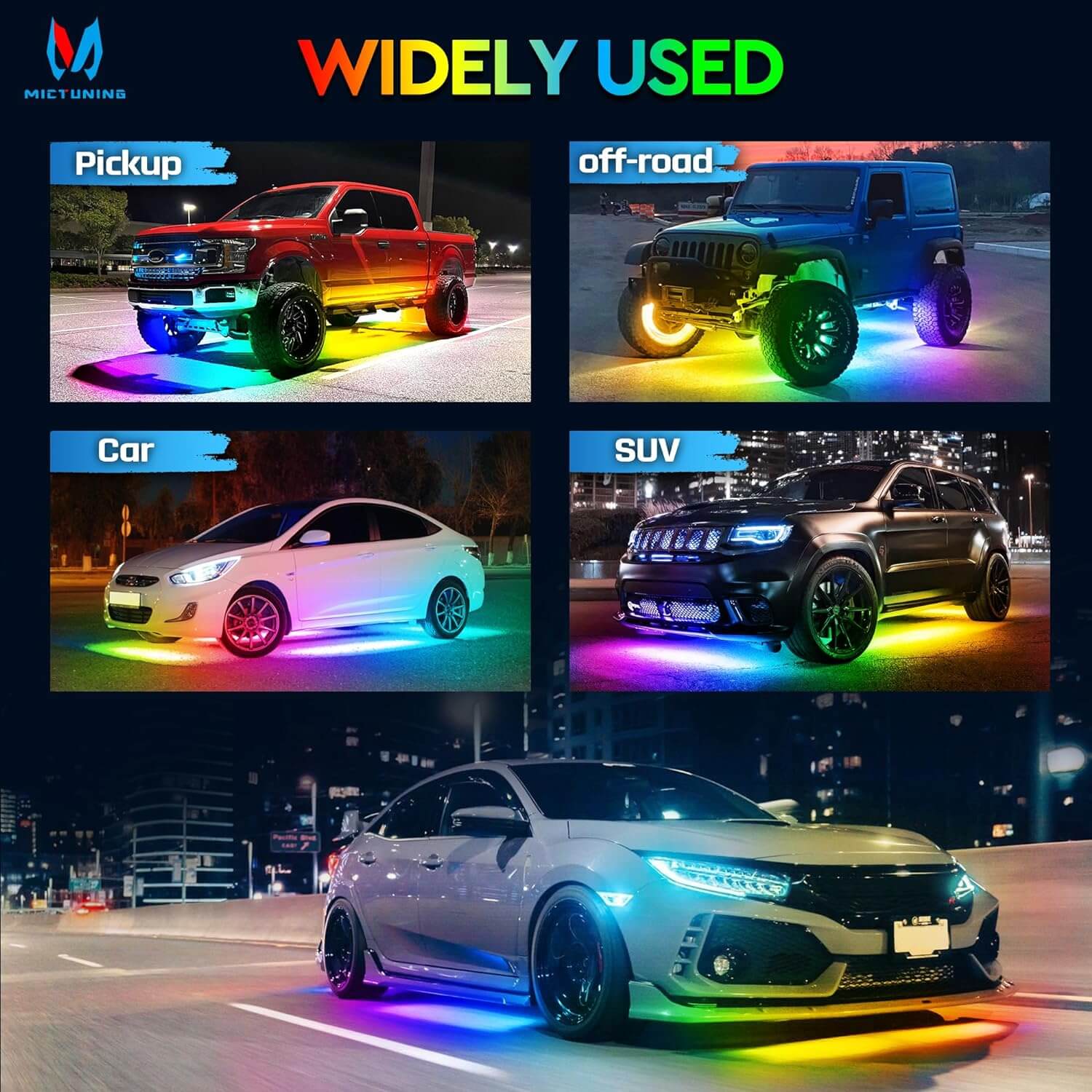 N8 RGB+IC LED Car Underglow Light Kit Bundle with C2 RGB+IC LED Rock Lights Kit 8-16 Pods