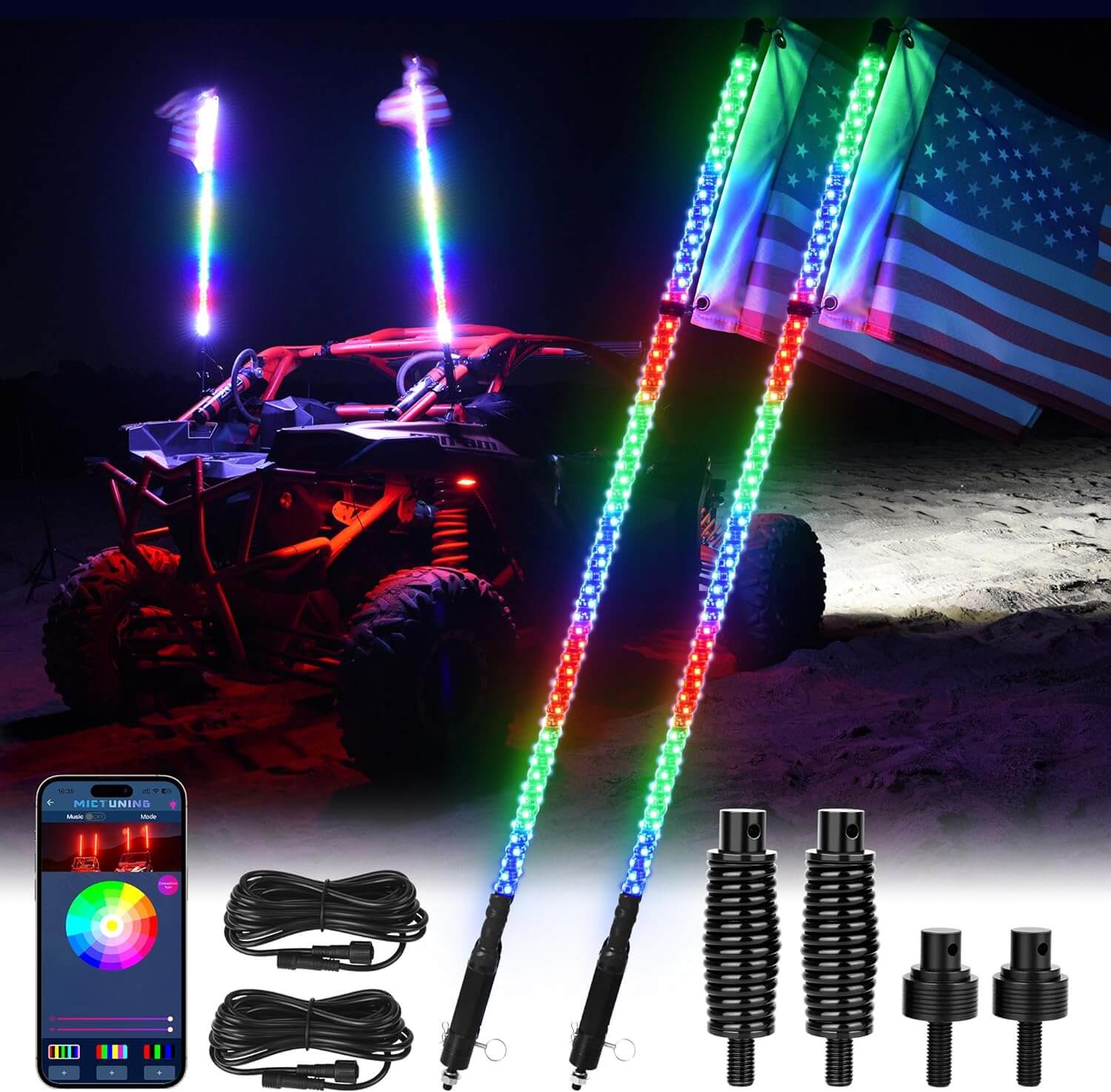 N8 RGB+IC LED Car Underglow Light Kit Bundle with W1 LED Whip Lights Kit