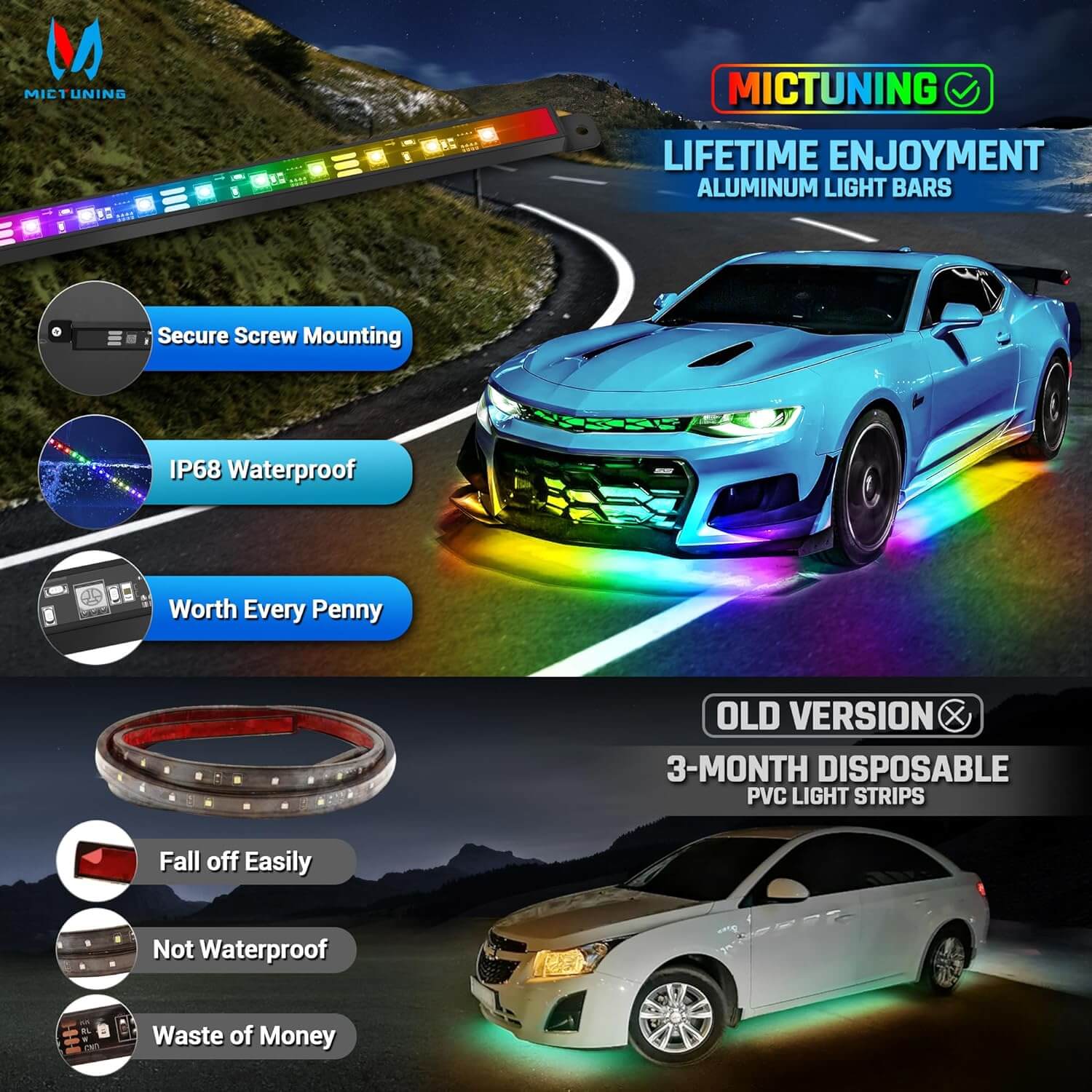 N8 RGB+IC LED Car Underglow Light Kit Bundle with C2 RGB+IC LED Rock Lights Kit 8-16 Pods