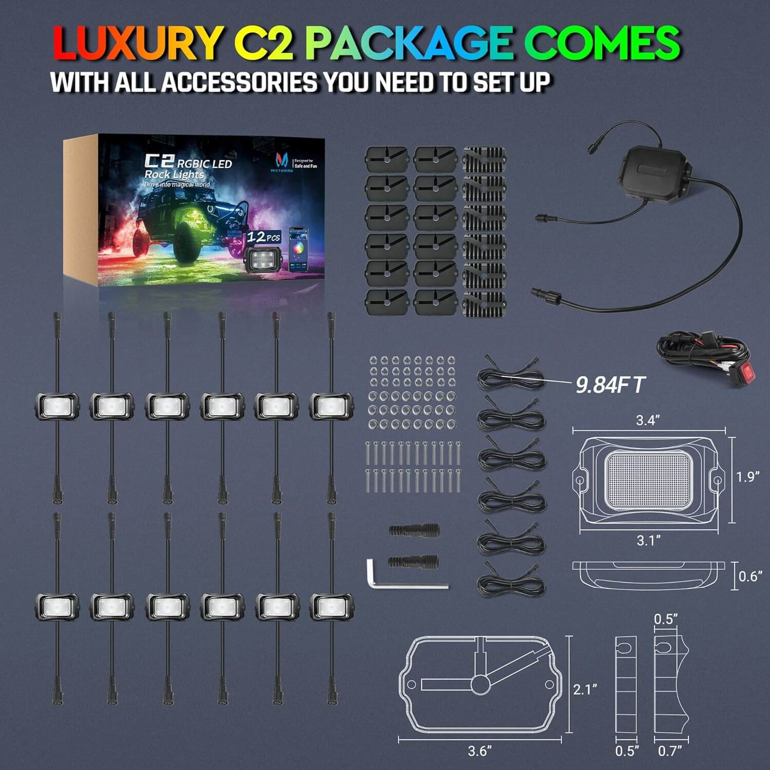 N8 RGB+IC LED Car Underglow Light Kit Bundle with C2 RGB+IC LED Rock Lights Kit 8-16 Pods