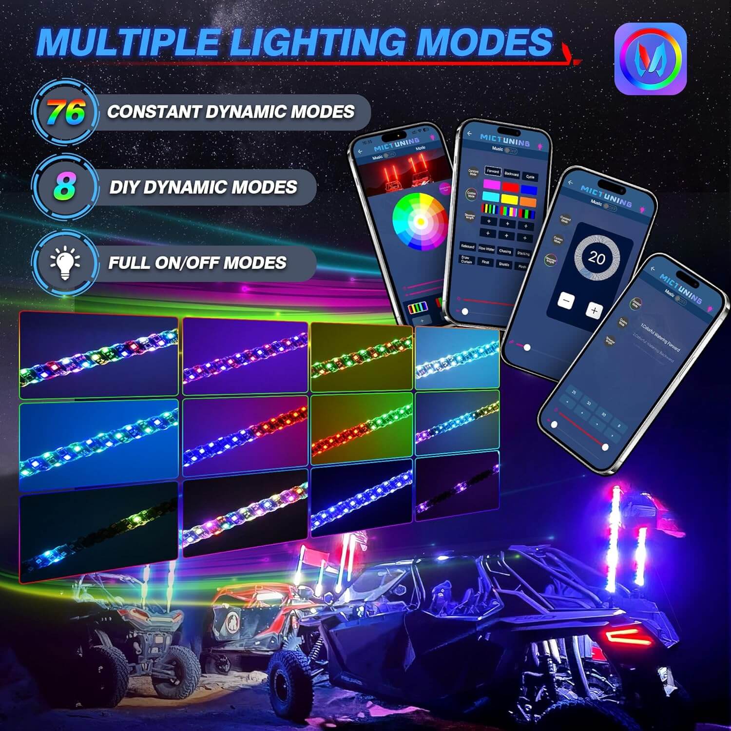 N8 RGB+IC LED Car Underglow Light Kit Bundle with W1 LED Whip Lights Kit