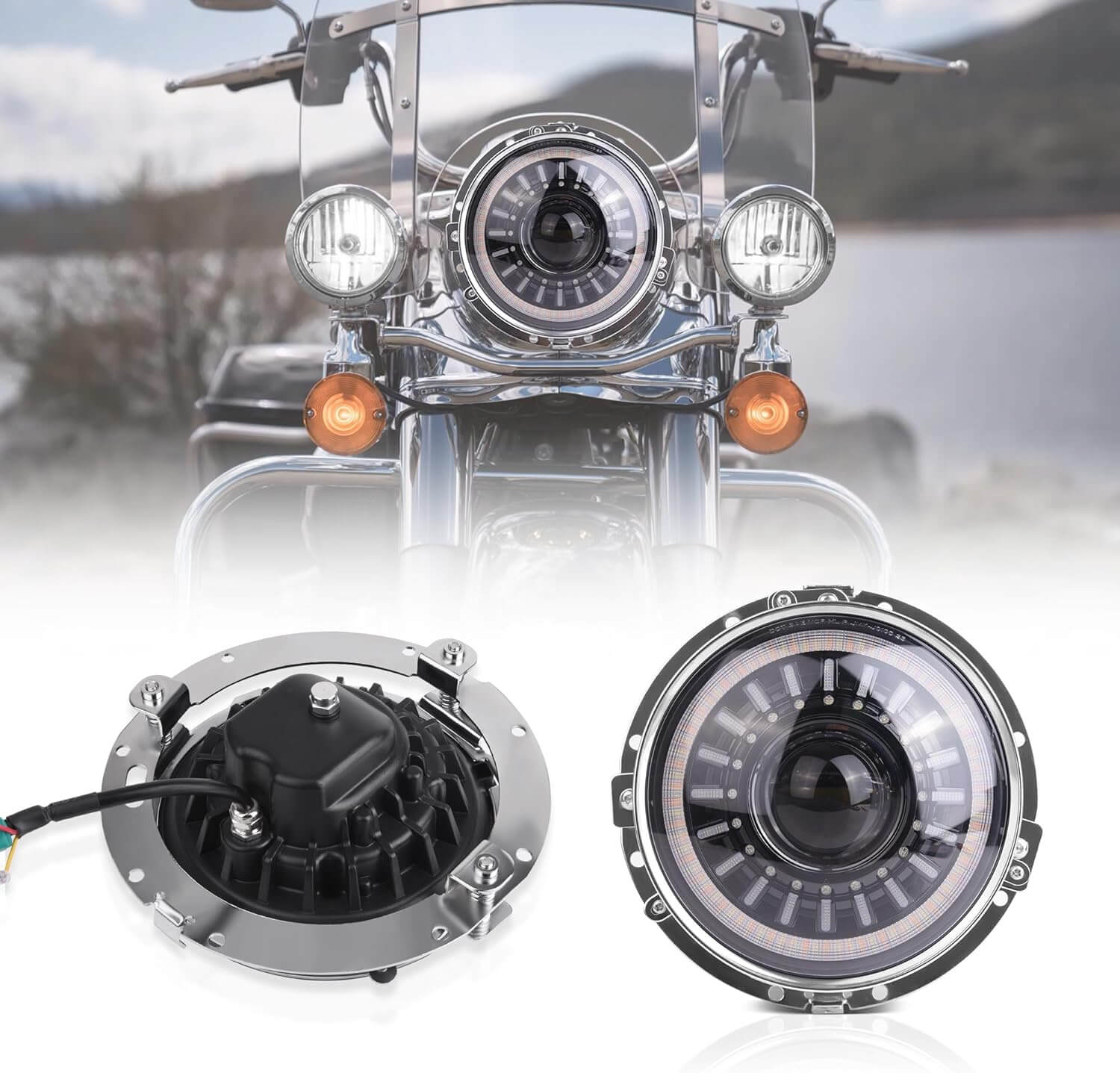 J1 Anti-glare 1000% Brighter 7″ Round Led Headlights with Start-up Gradient Welcome Halo, Motorcycle Headlights, 1 pcs/2 pcs