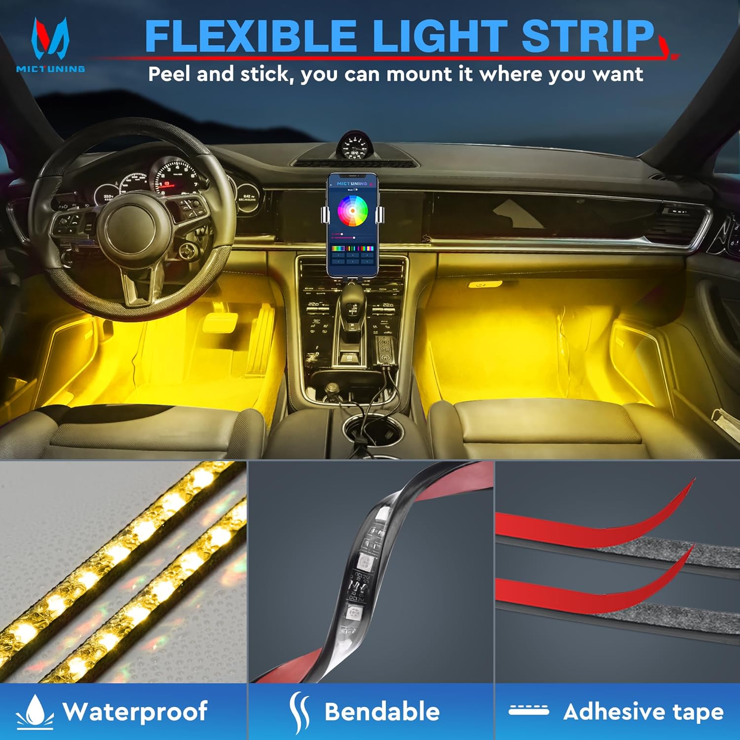 N1 RGB Car Interior Lights 4pcs 48 LEDs Car LED Strip Atmosphere Light  with Music Sensor APP Controller 12V/24V